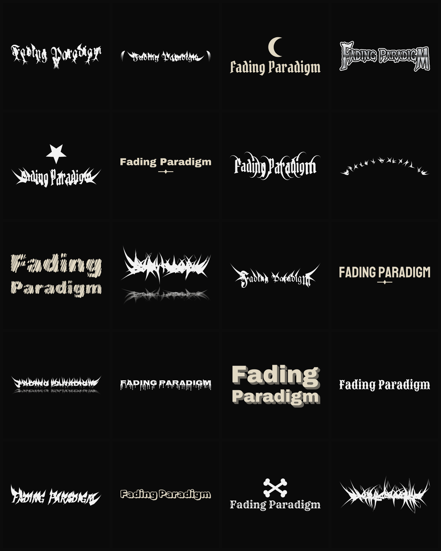 Twenty Fading Paradigm band logo ideas — different faces, treatments and spike settings