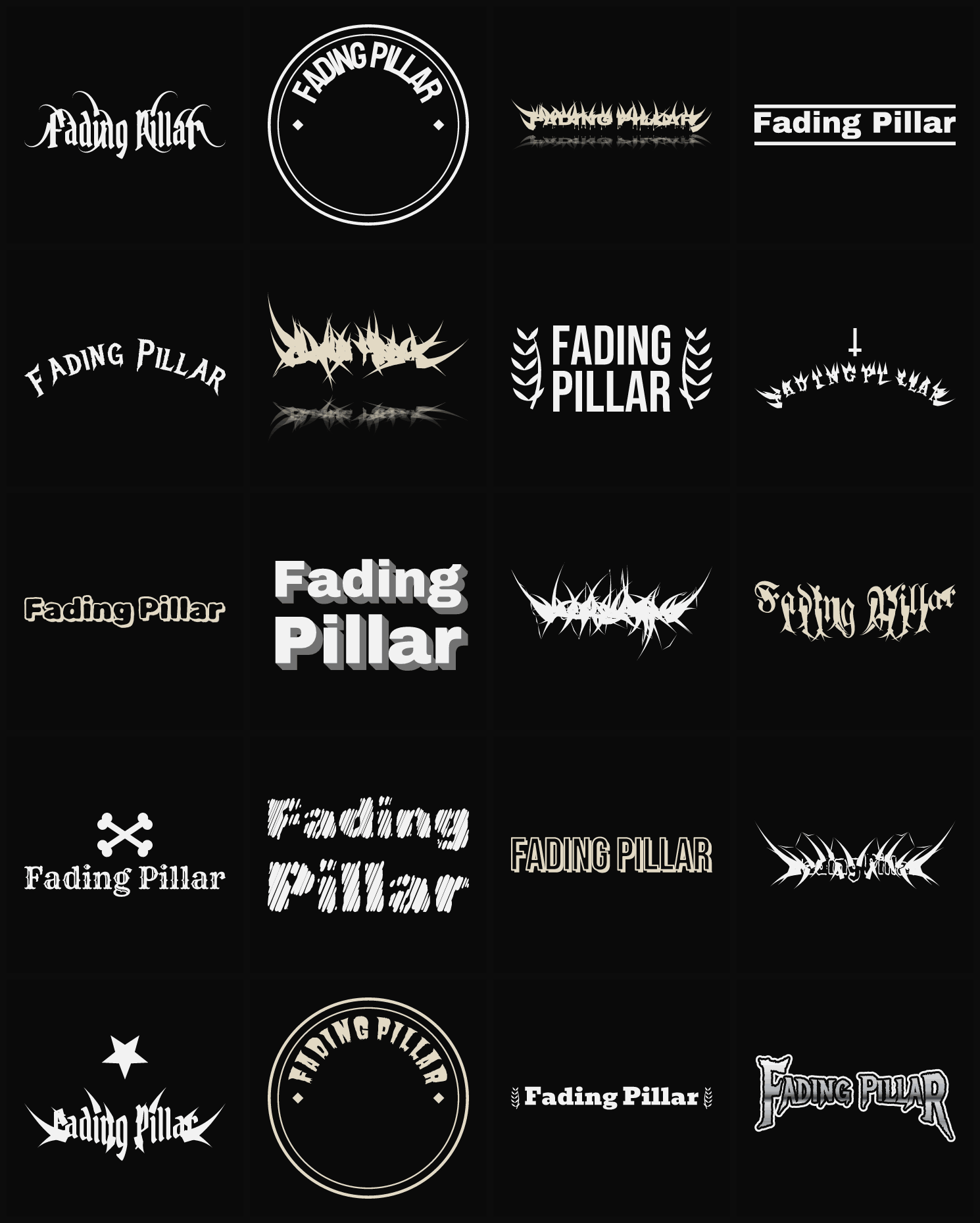 Twenty Fading Pillar band logo ideas — different faces, treatments and spike settings