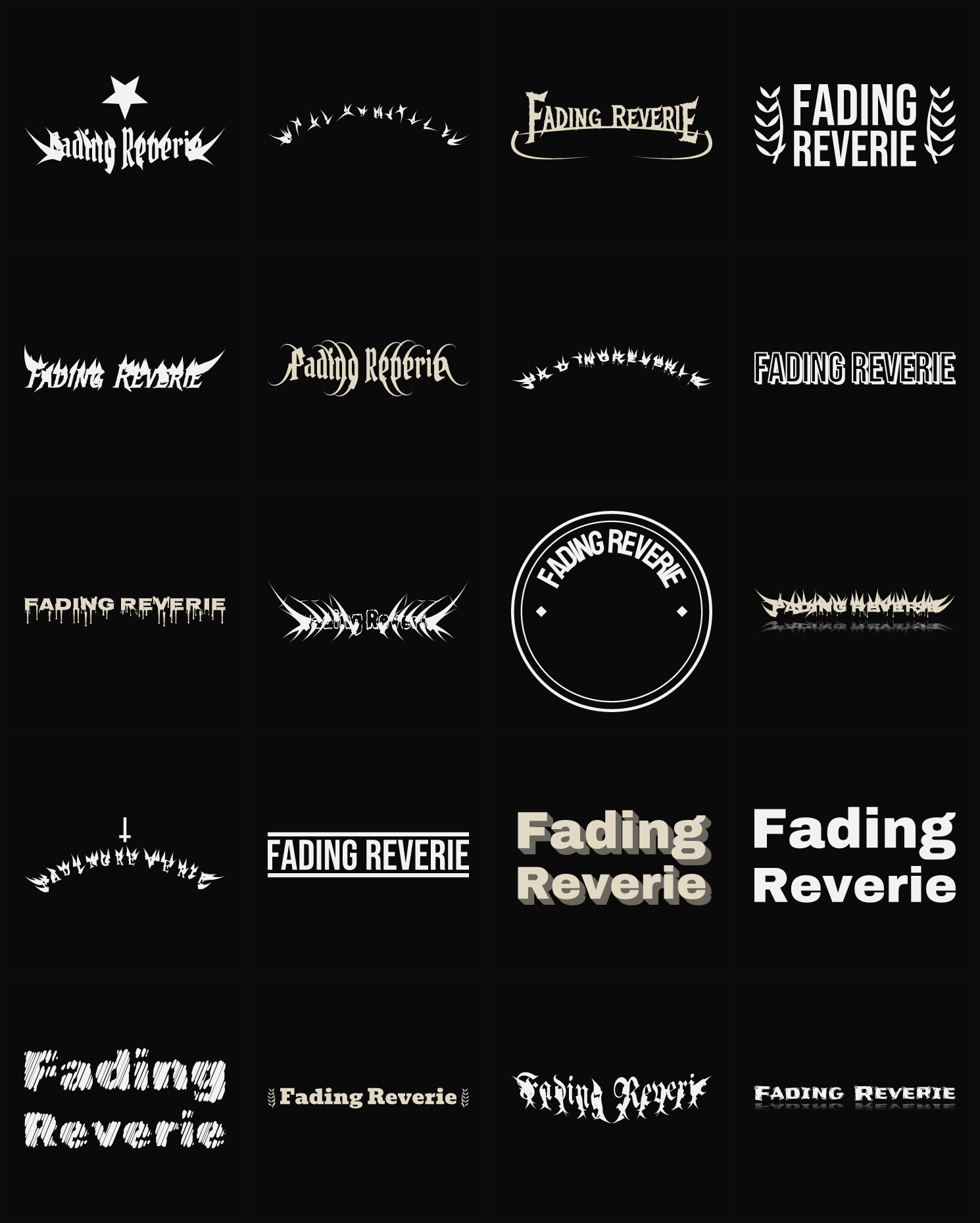 Twenty Fading Reverie band logo ideas — different faces, treatments and spike settings