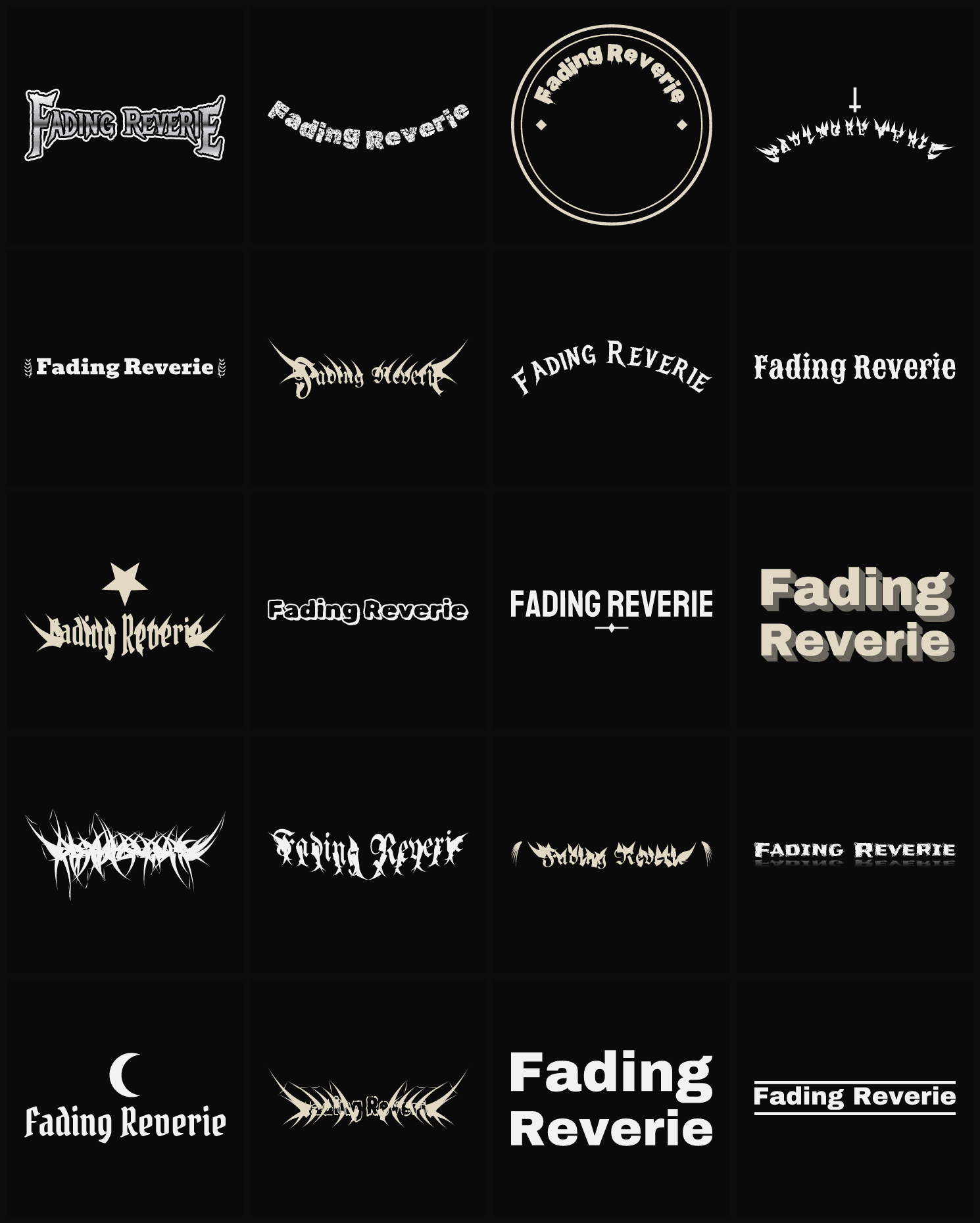 Twenty Fading Reverie band logo ideas — different faces, treatments and spike settings