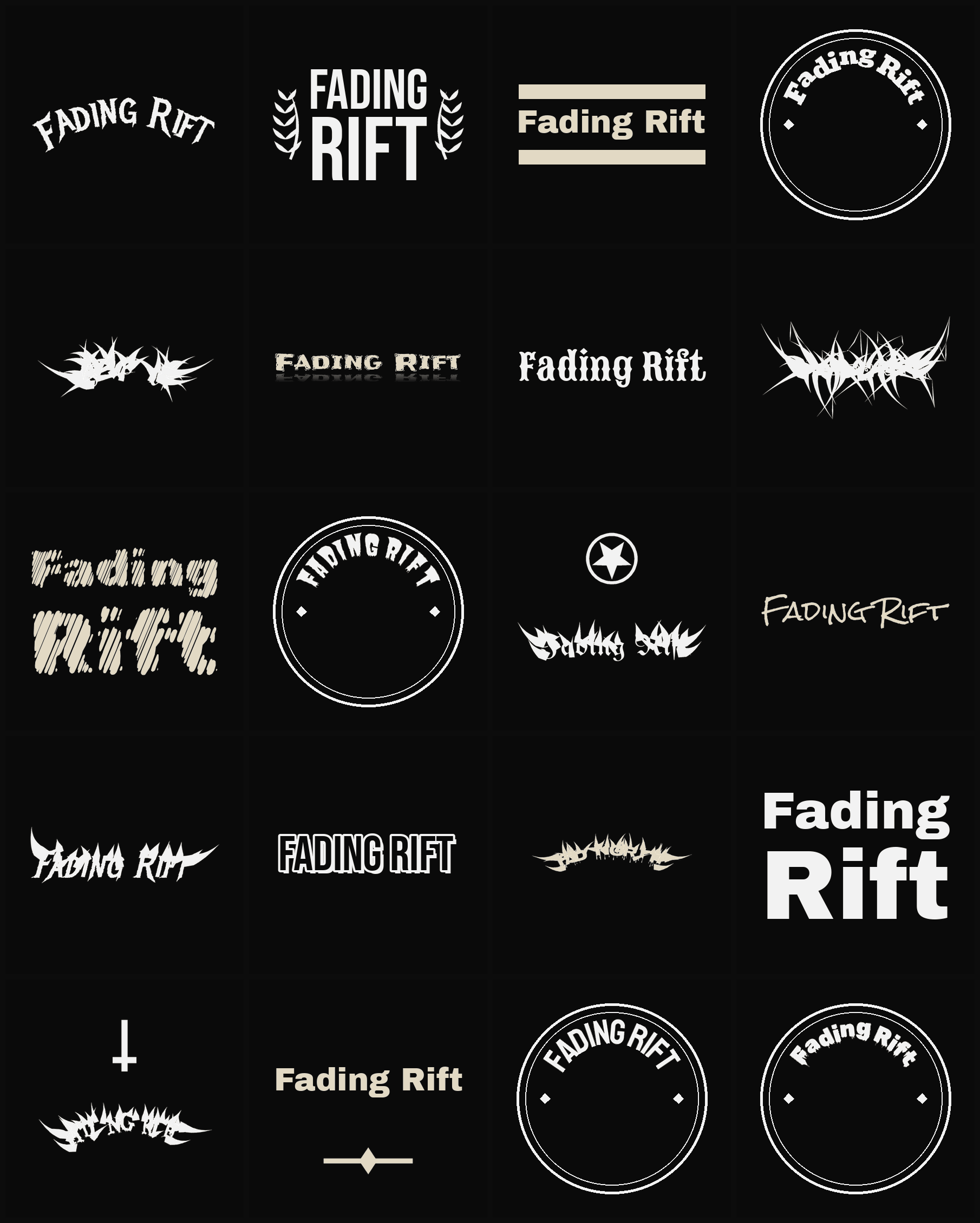 Twenty Fading Rift band logo ideas — different faces, treatments and spike settings