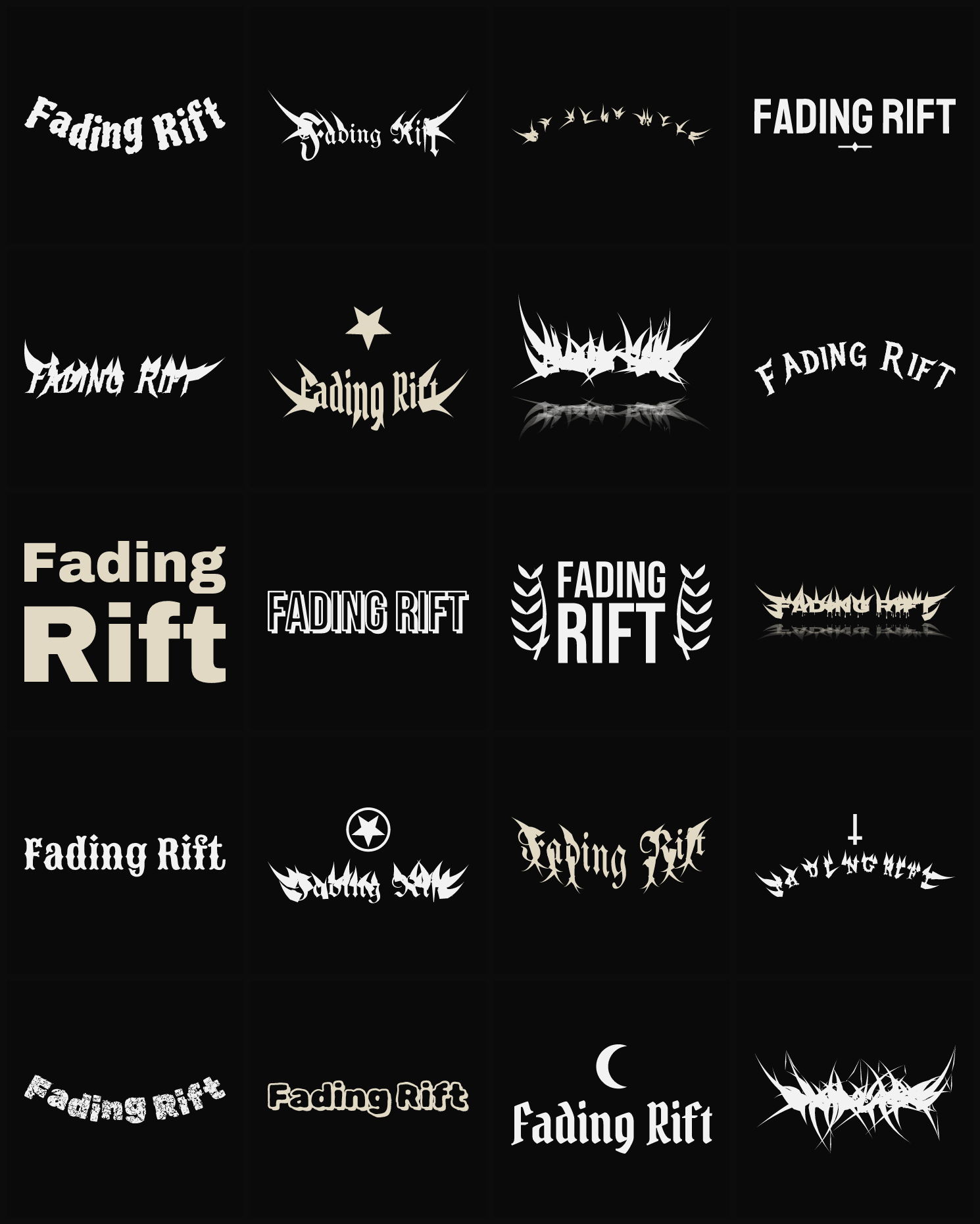 Twenty Fading Rift band logo ideas — different faces, treatments and spike settings