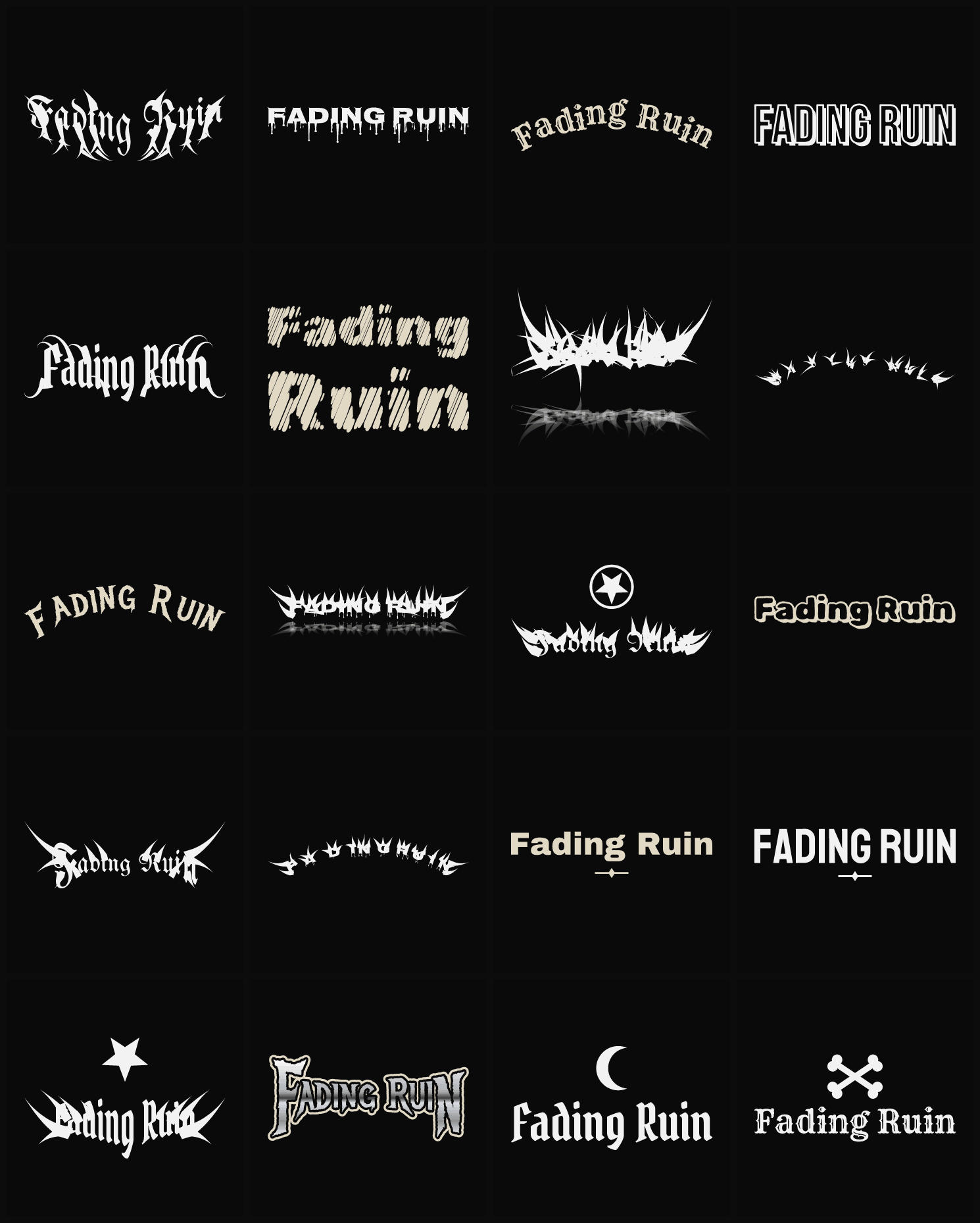 Twenty Fading Ruin band logo ideas — different faces, treatments and spike settings