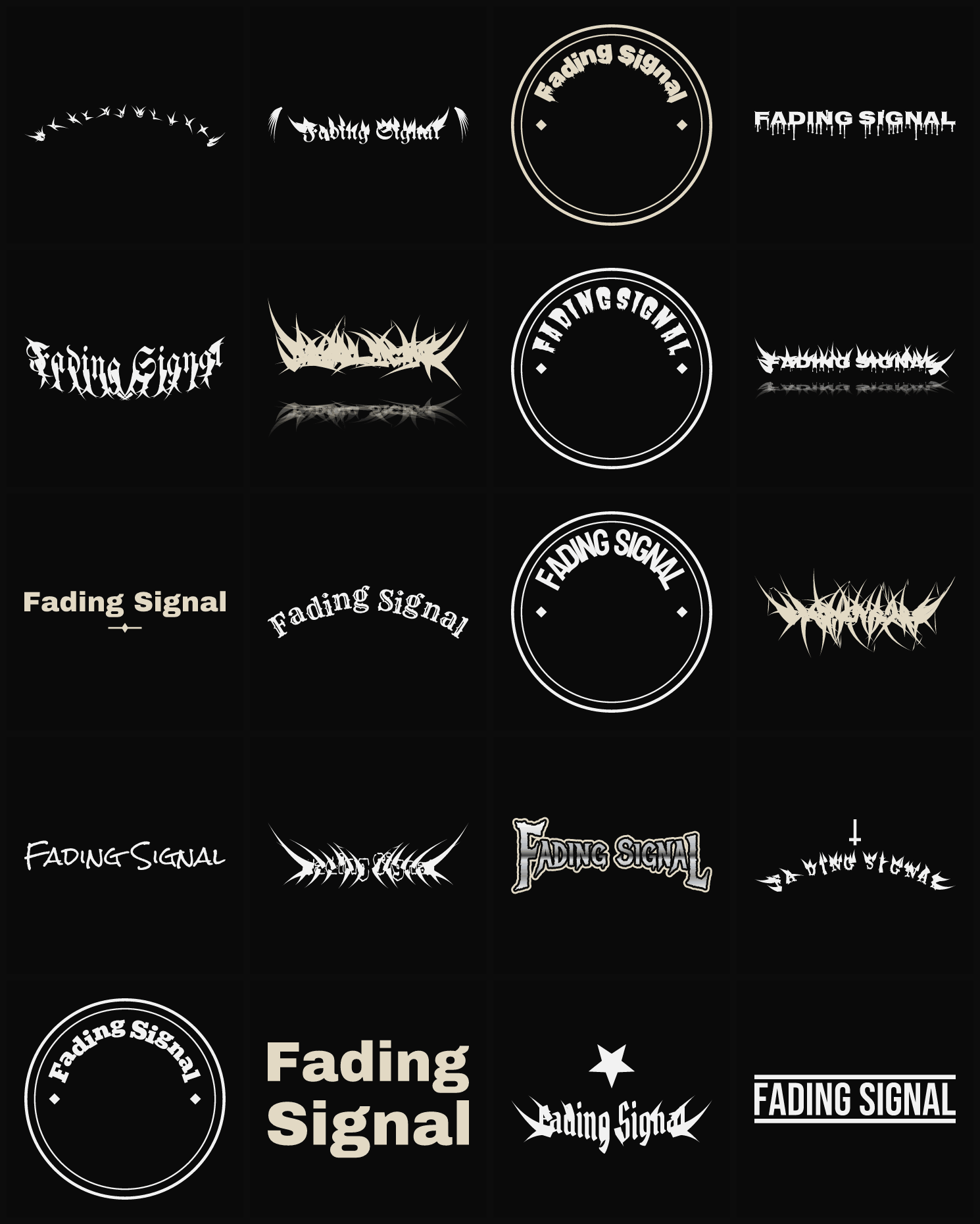 Twenty Fading Signal band logo ideas — different faces, treatments and spike settings