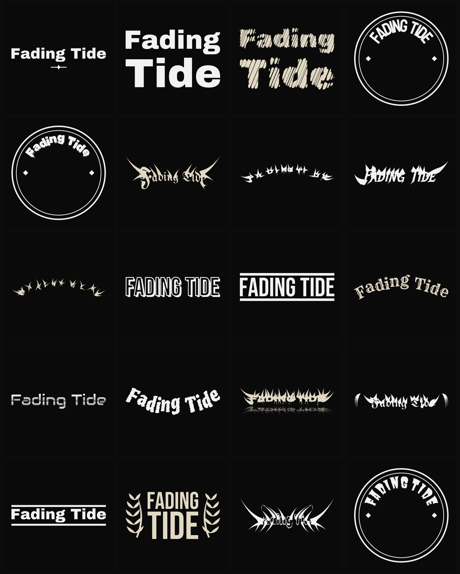 Twenty Fading Tide band logo ideas — different faces, treatments and spike settings