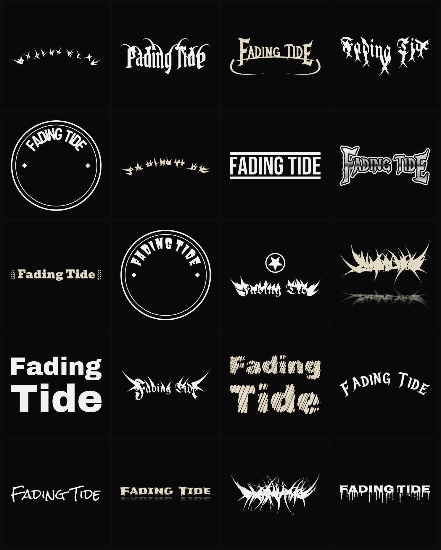 Twenty Fading Tide band logo ideas — different faces, treatments and spike settings