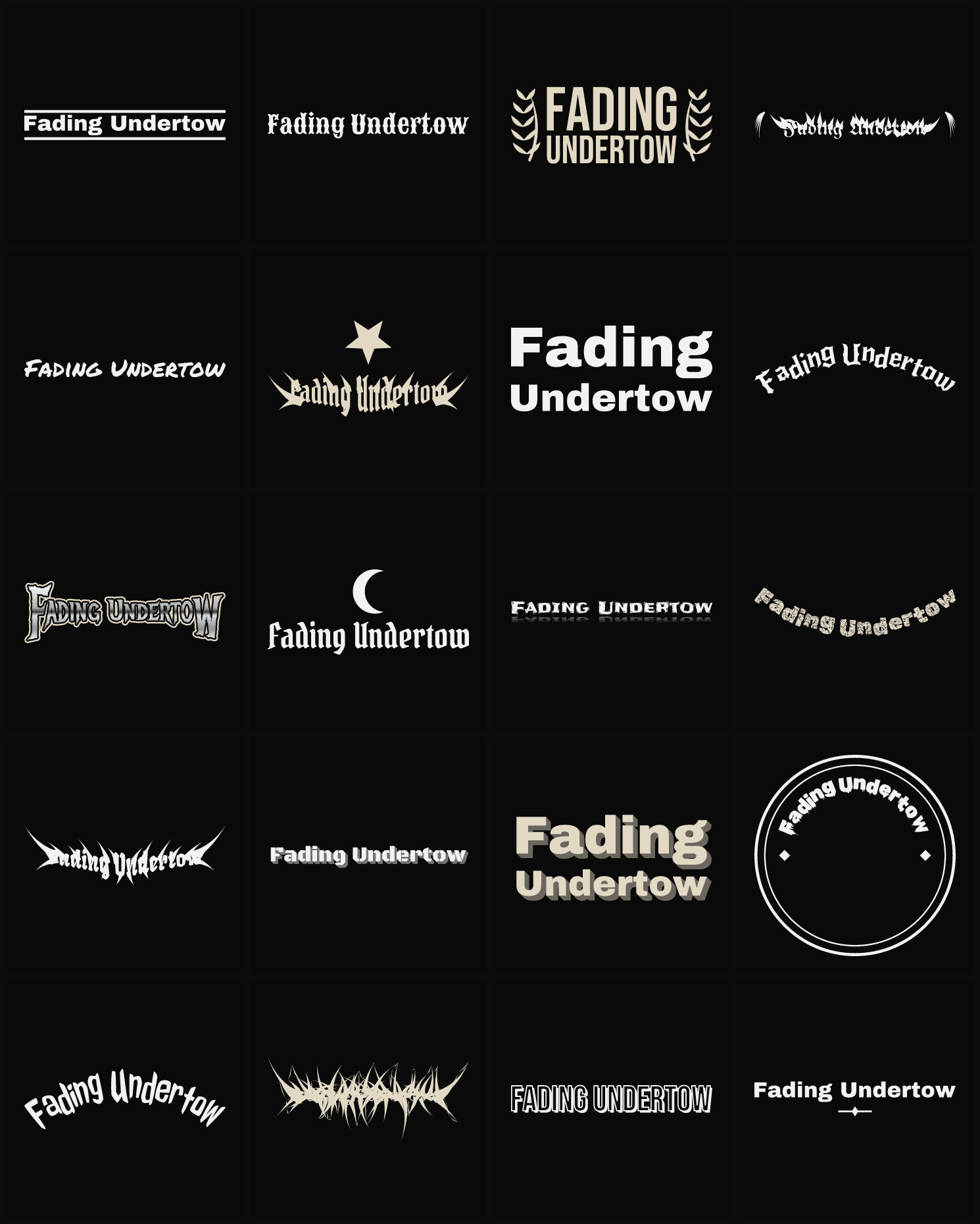 Twenty Fading Undertow band logo ideas — different faces, treatments and spike settings