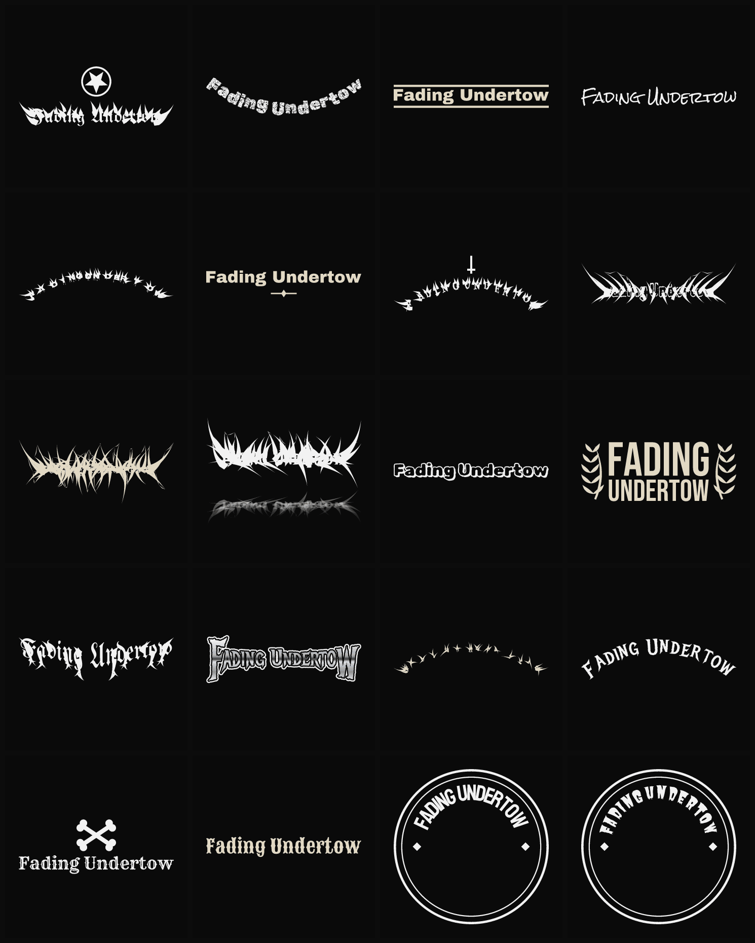 Twenty Fading Undertow band logo ideas — different faces, treatments and spike settings