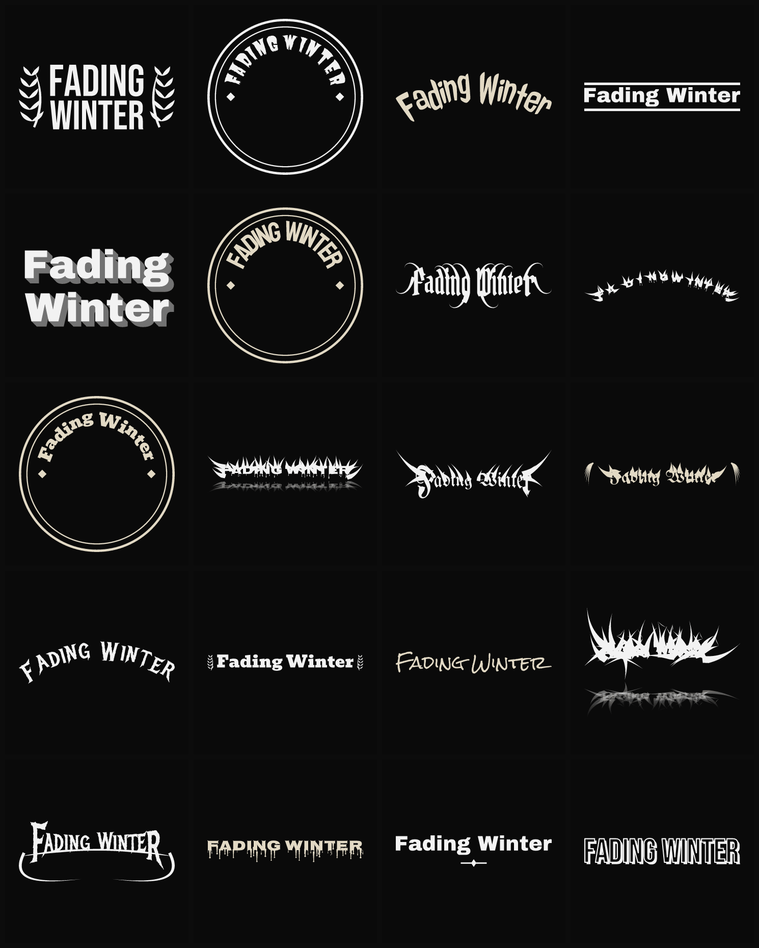 Twenty Fading Winter band logo ideas — different faces, treatments and spike settings