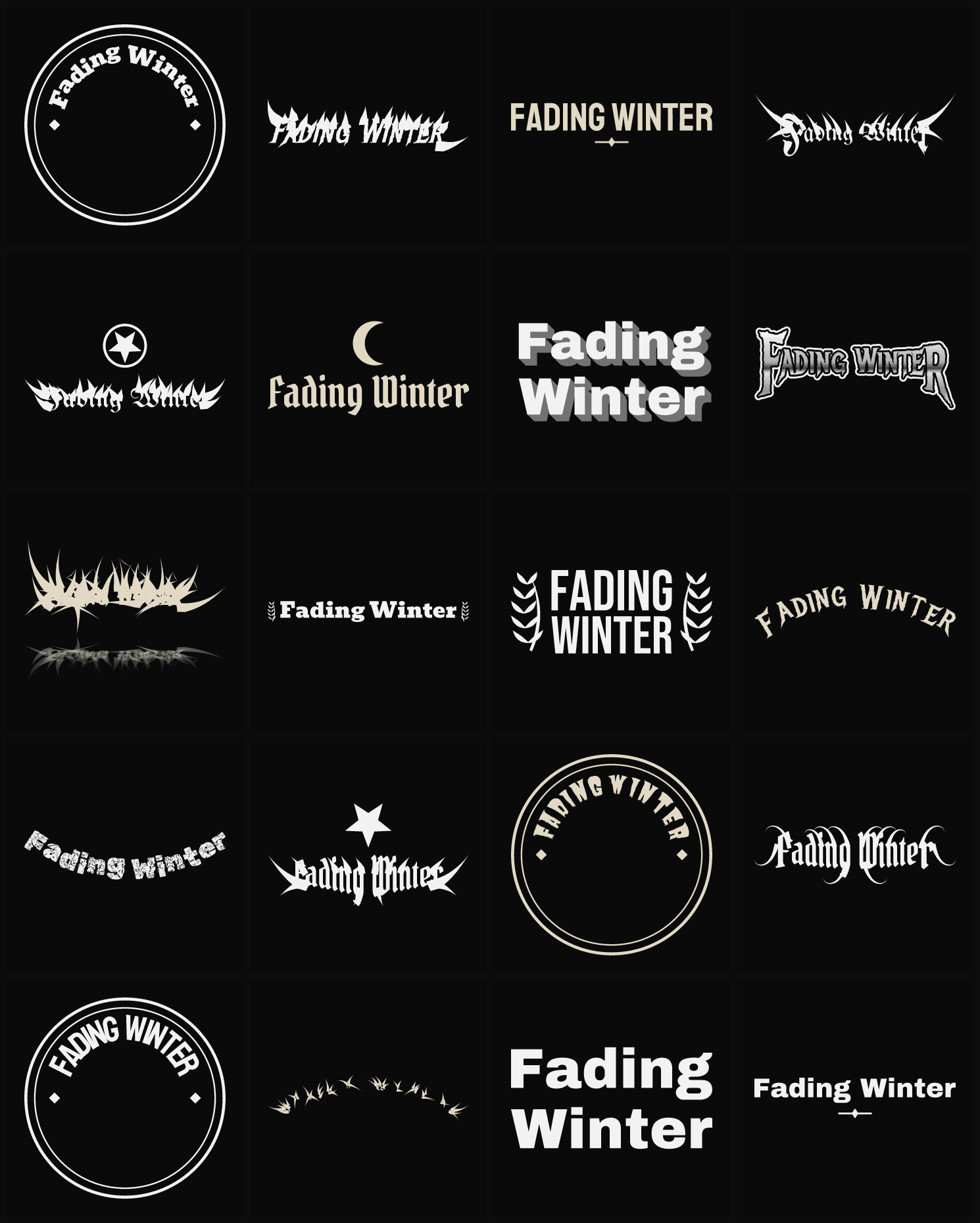 Twenty Fading Winter band logo ideas — different faces, treatments and spike settings