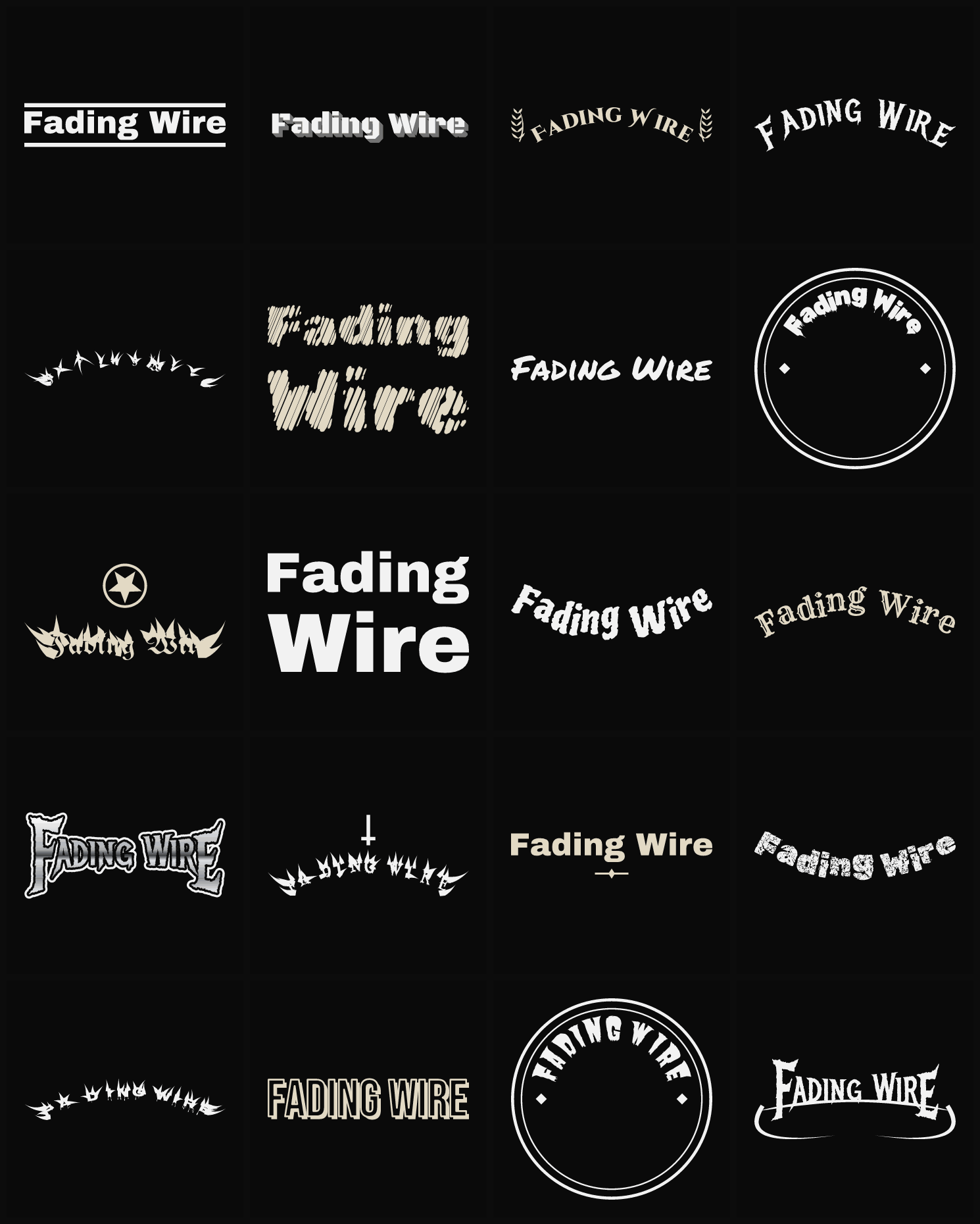 Twenty Fading Wire band logo ideas — different faces, treatments and spike settings