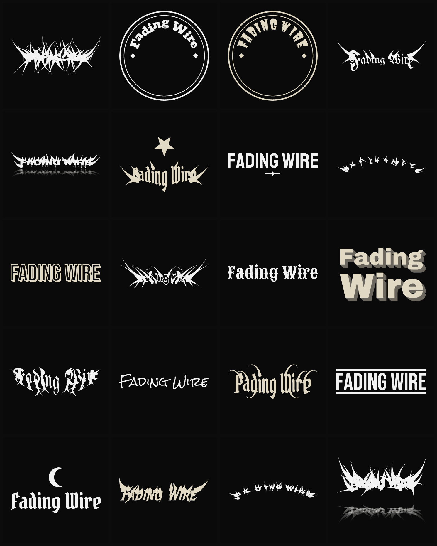 Twenty Fading Wire band logo ideas — different faces, treatments and spike settings