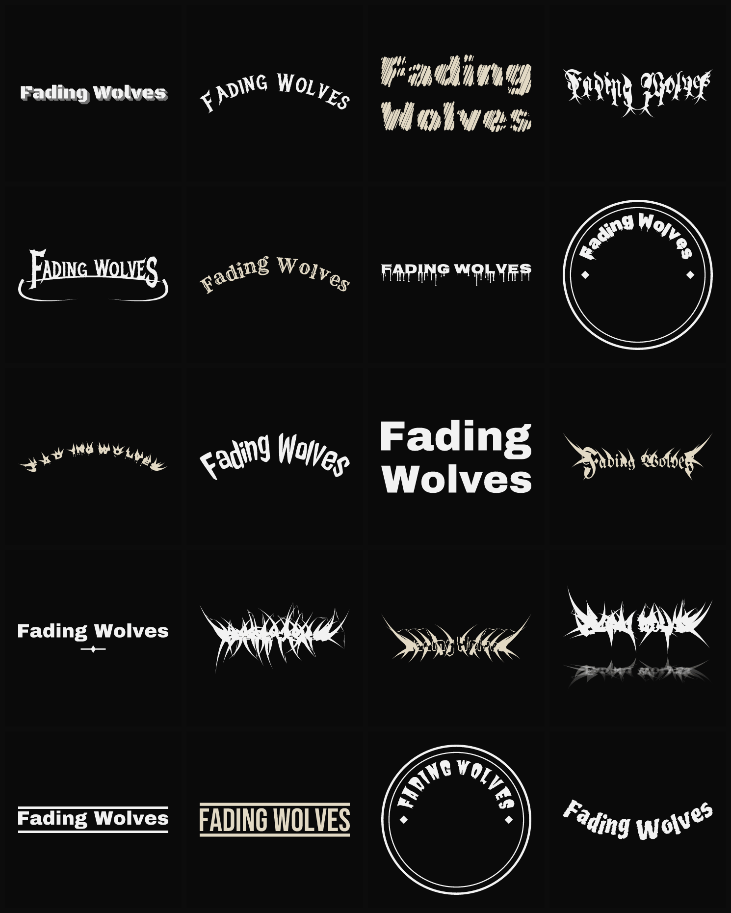 Twenty Fading Wolves band logo ideas — different faces, treatments and spike settings