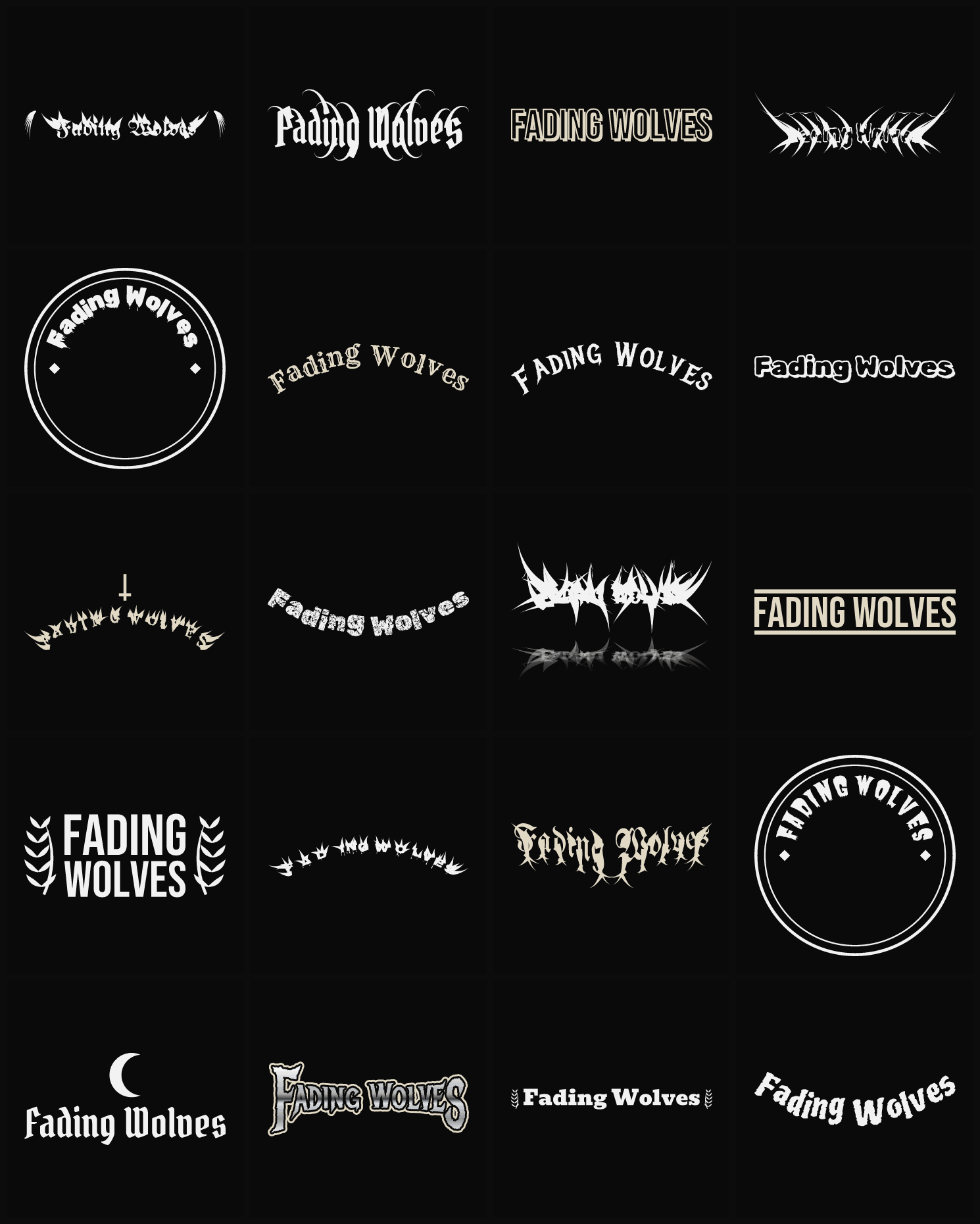 Twenty Fading Wolves band logo ideas — different faces, treatments and spike settings