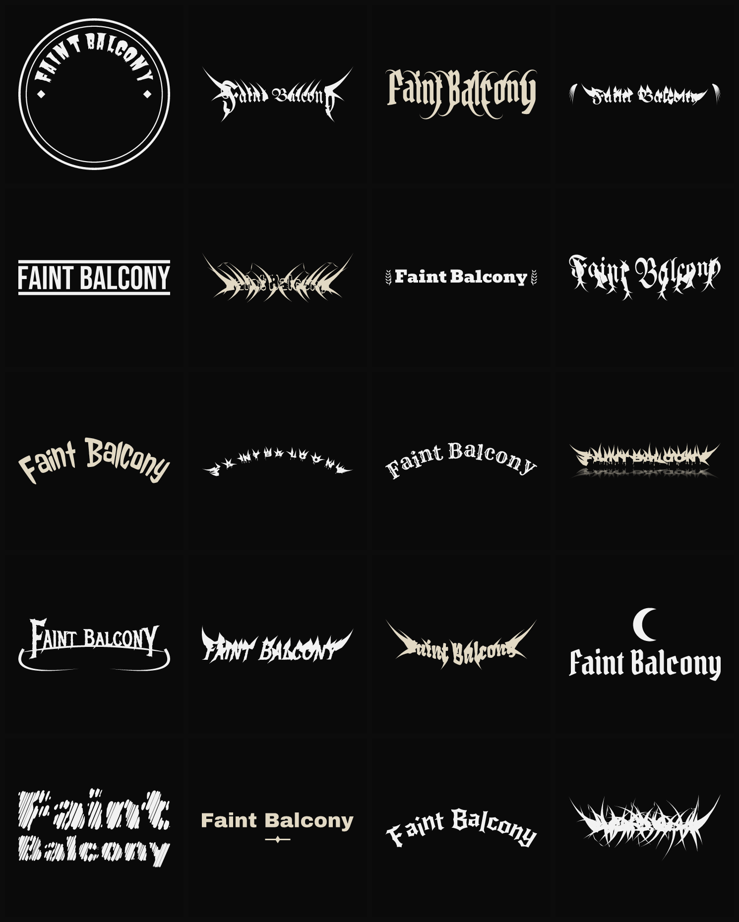 Twenty Faint Balcony band logo ideas — different faces, treatments and spike settings