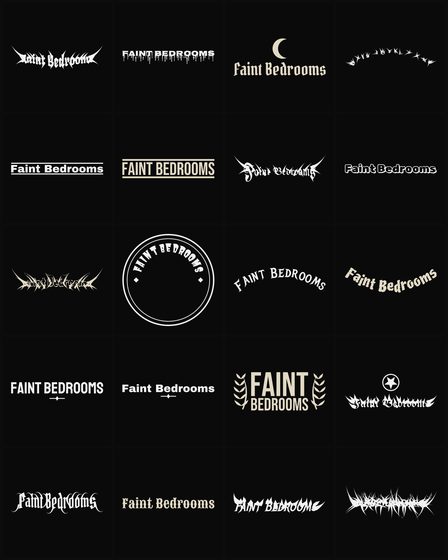 Twenty Faint Bedrooms band logo ideas — different faces, treatments and spike settings