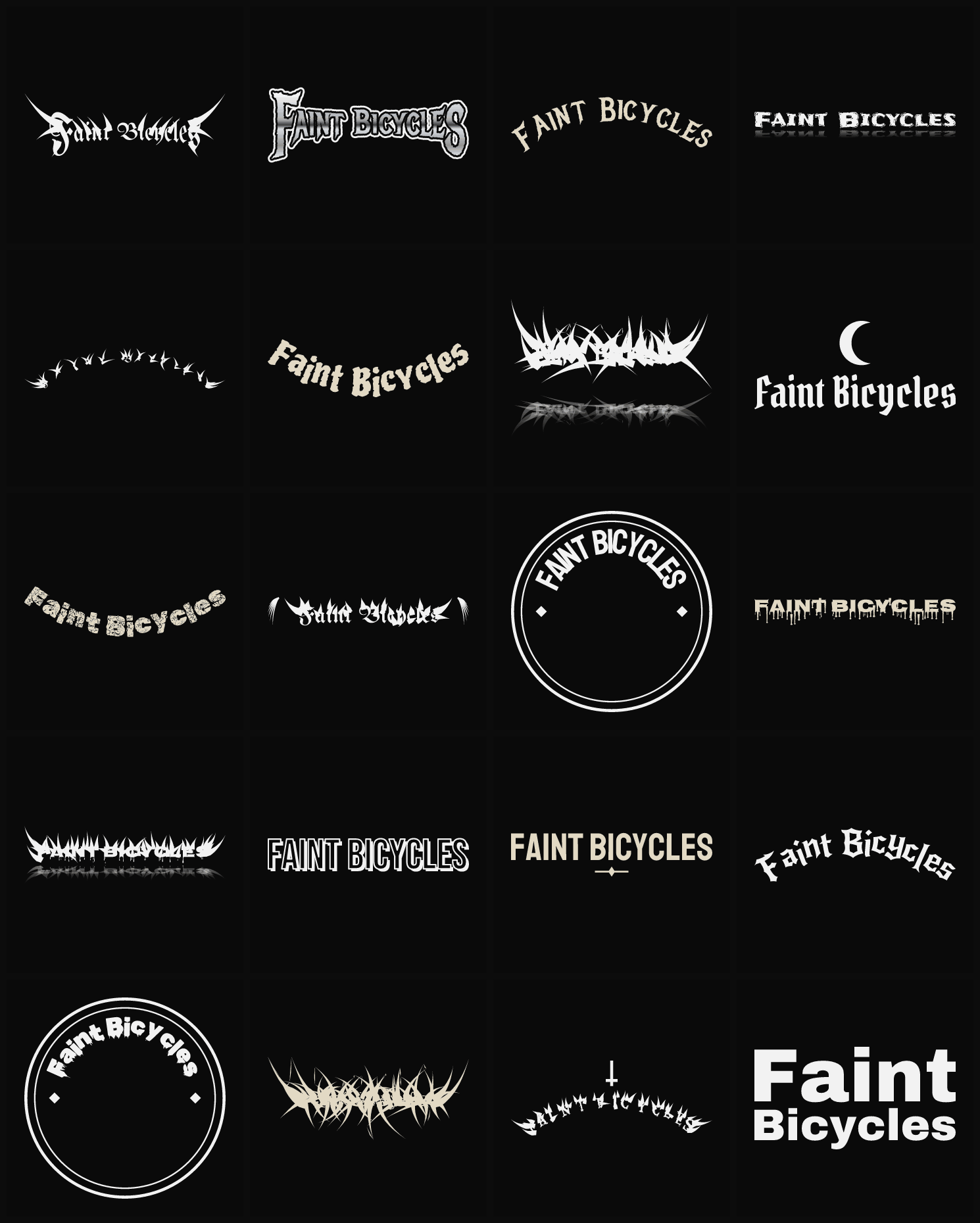 Twenty Faint Bicycles band logo ideas — different faces, treatments and spike settings