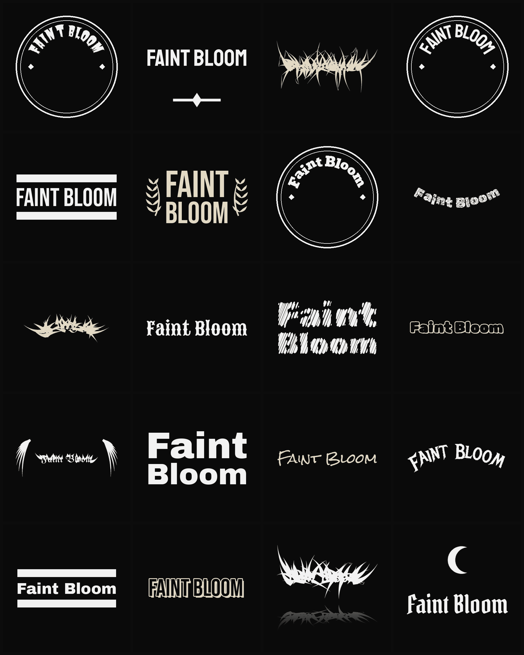 Twenty Faint Bloom band logo ideas — different faces, treatments and spike settings