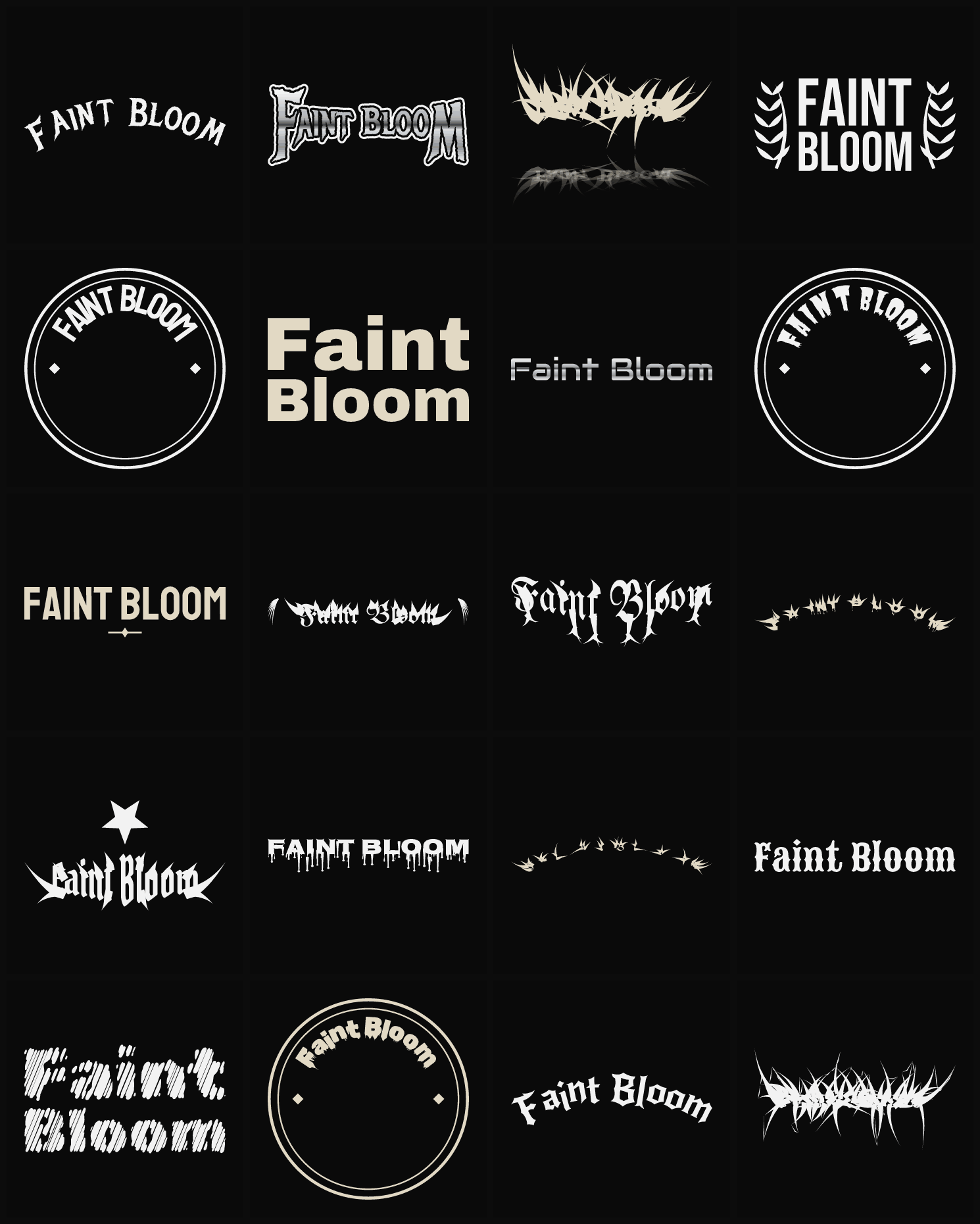 Twenty Faint Bloom band logo ideas — different faces, treatments and spike settings