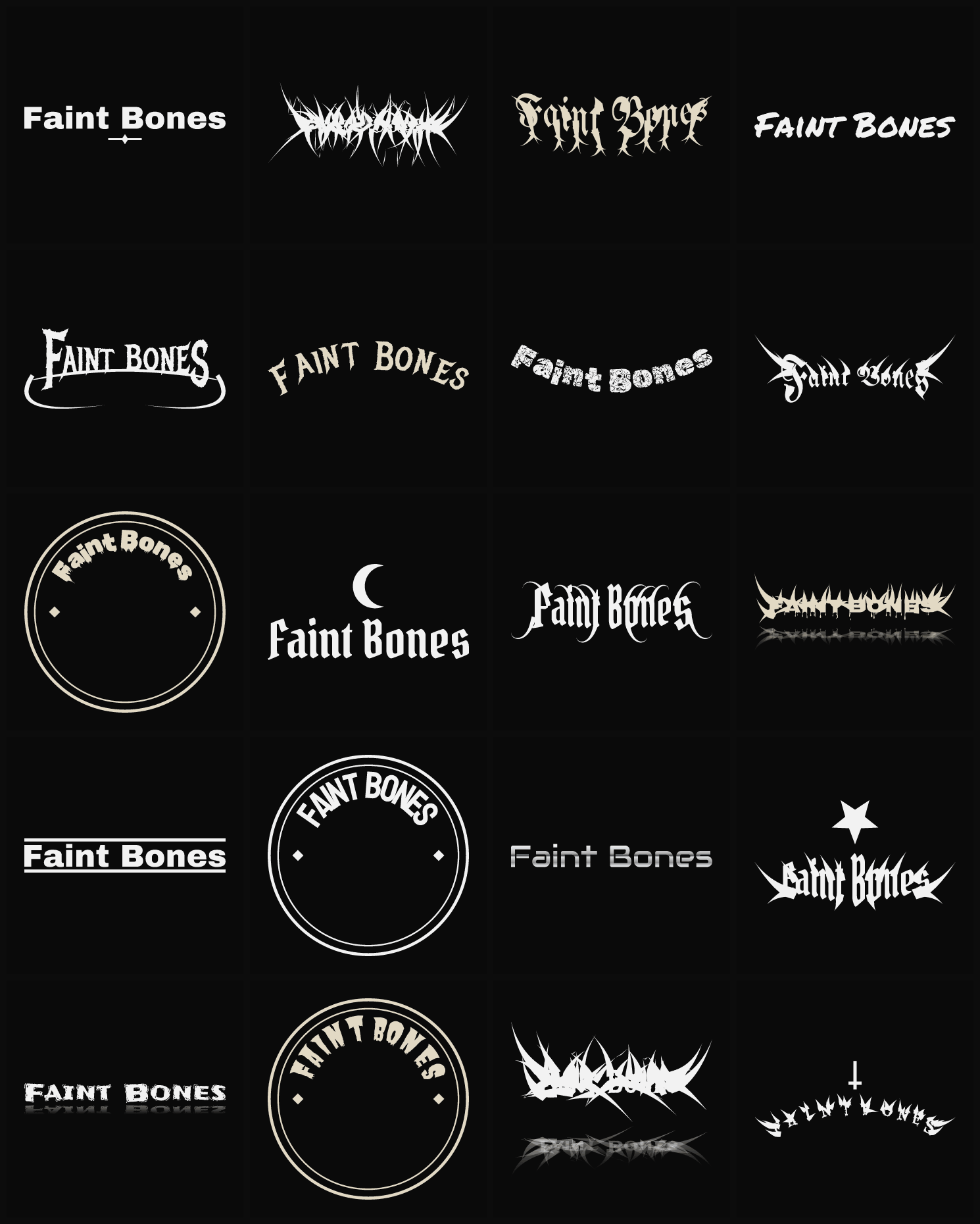 Twenty Faint Bones band logo ideas — different faces, treatments and spike settings