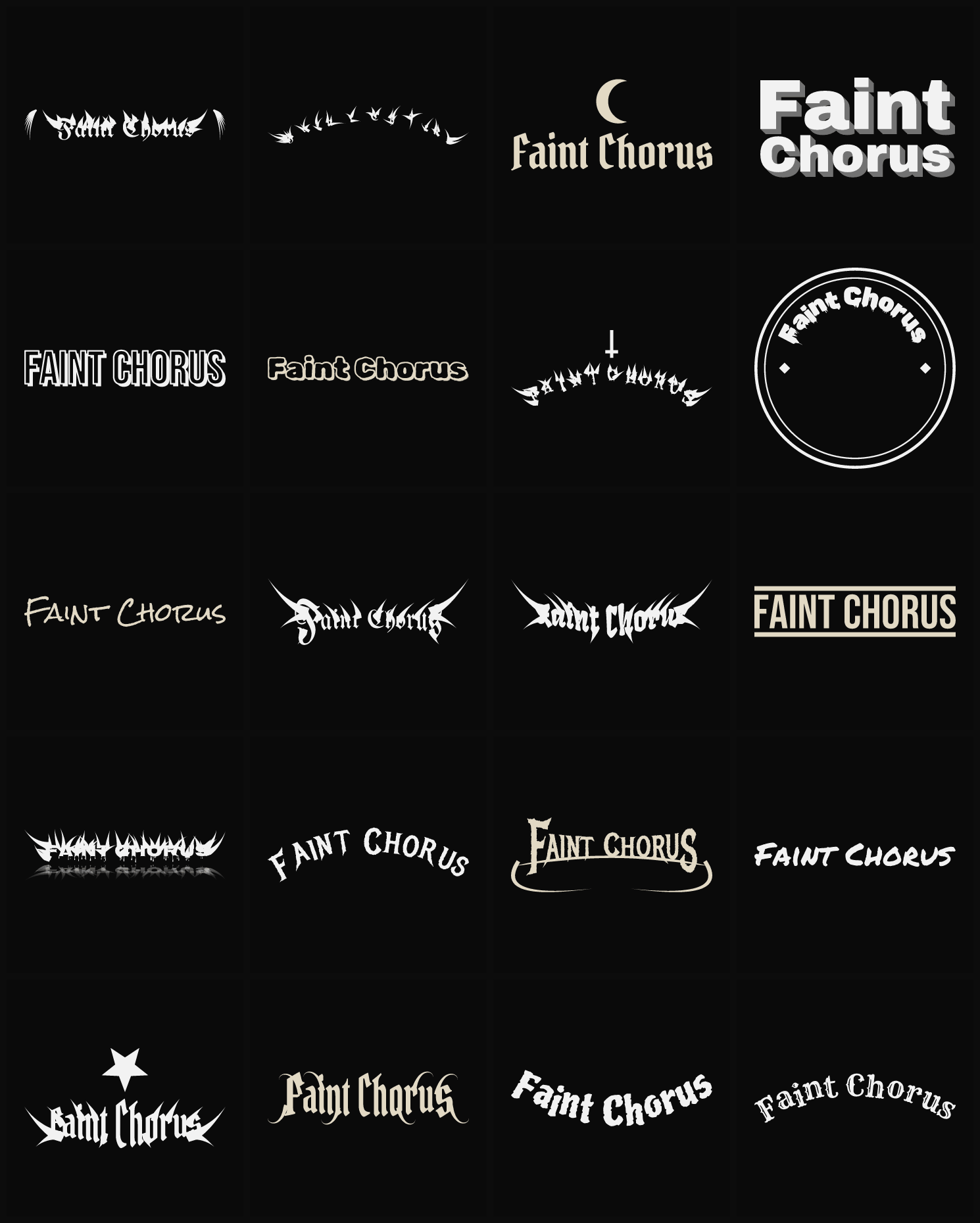 Twenty Faint Chorus band logo ideas — different faces, treatments and spike settings