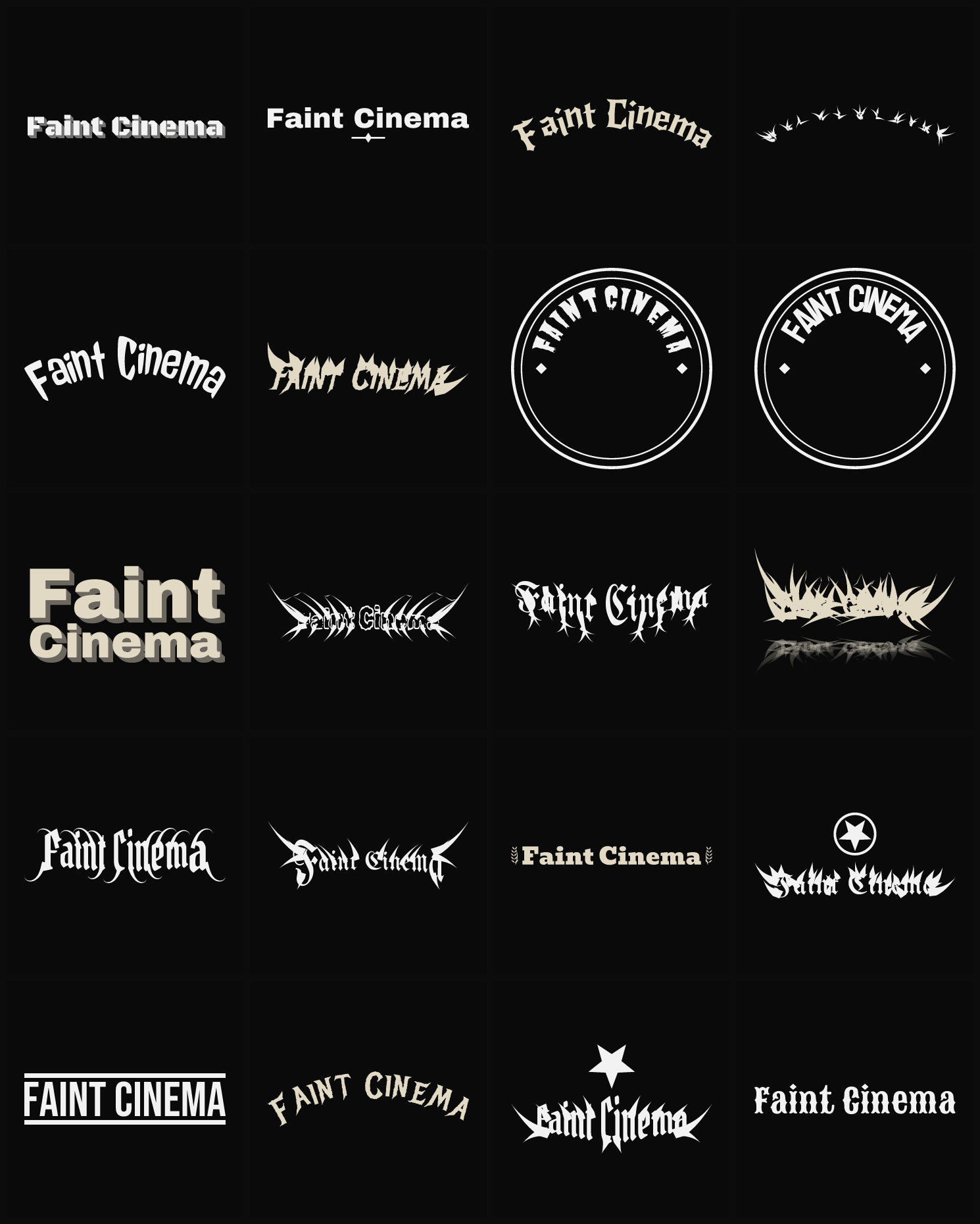 Twenty Faint Cinema band logo ideas — different faces, treatments and spike settings