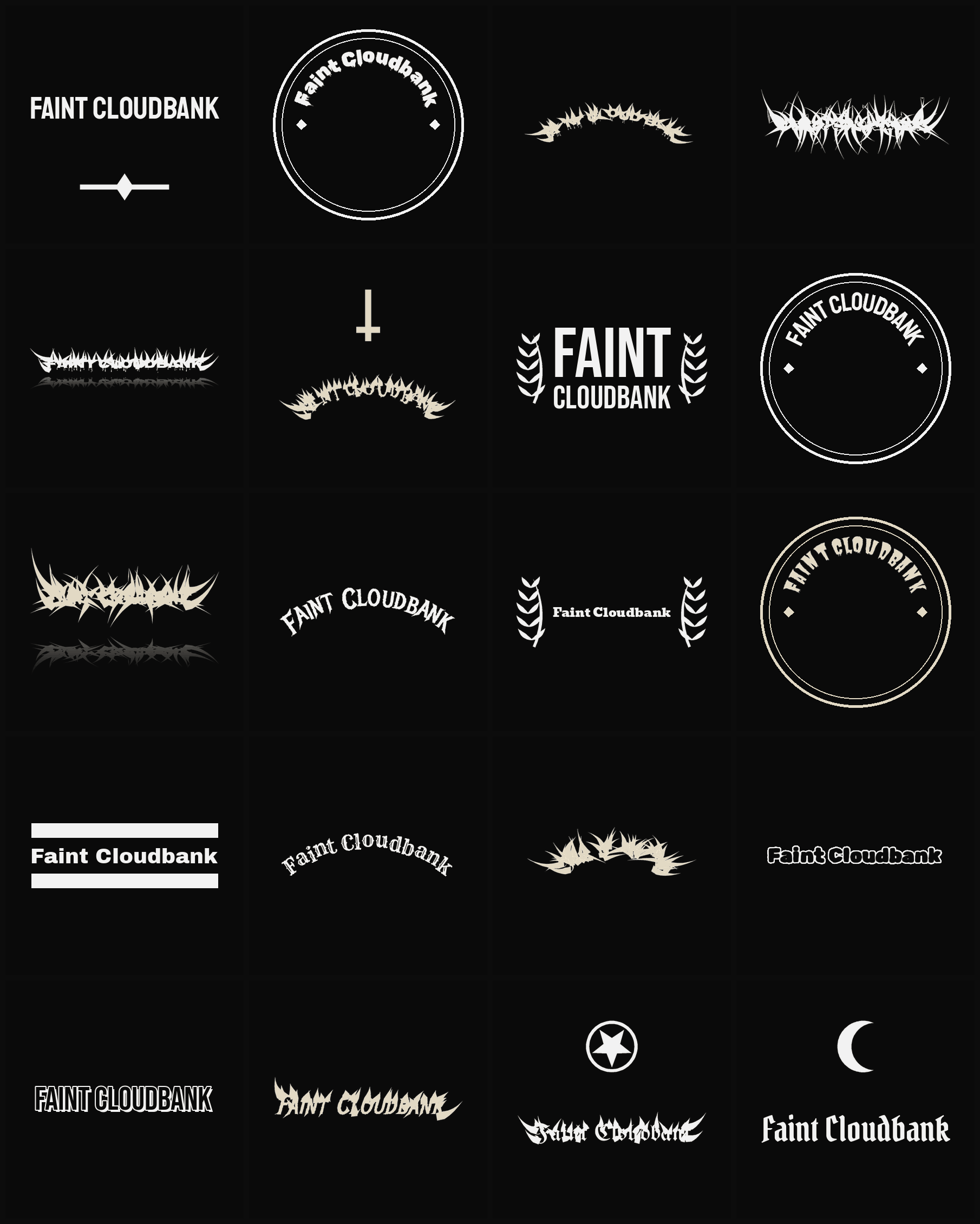 Twenty Faint Cloudbank band logo ideas — different faces, treatments and spike settings