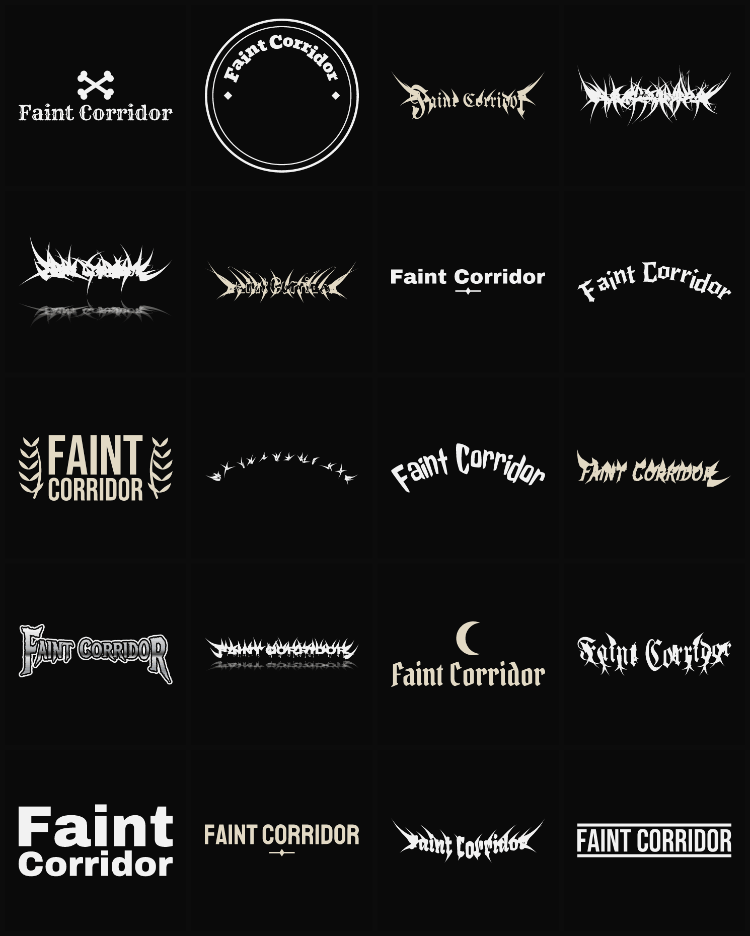Twenty Faint Corridor band logo ideas — different faces, treatments and spike settings