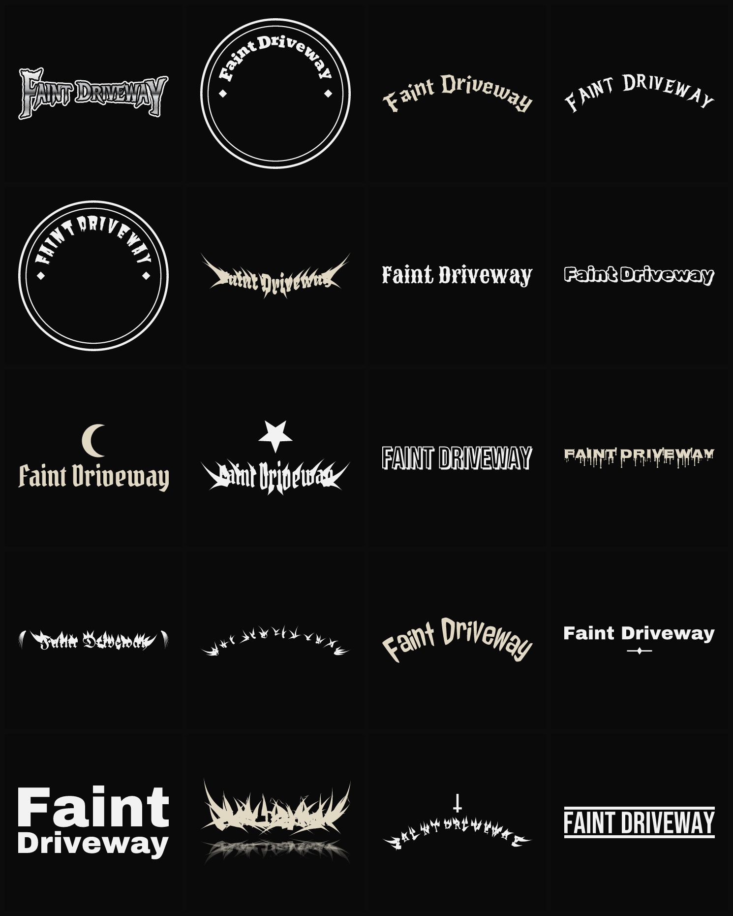 Twenty Faint Driveway band logo ideas — different faces, treatments and spike settings