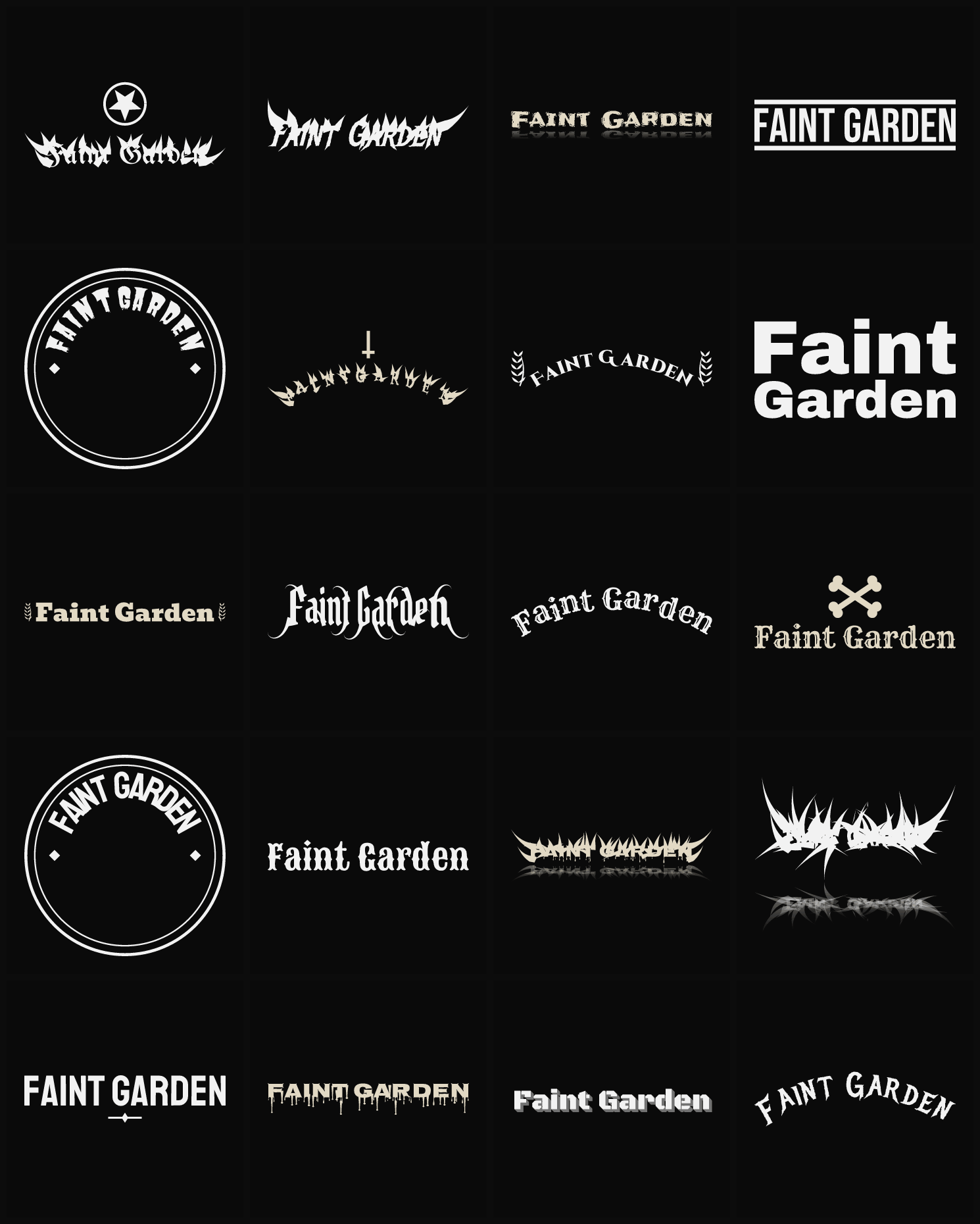 Twenty Faint Garden band logo ideas — different faces, treatments and spike settings