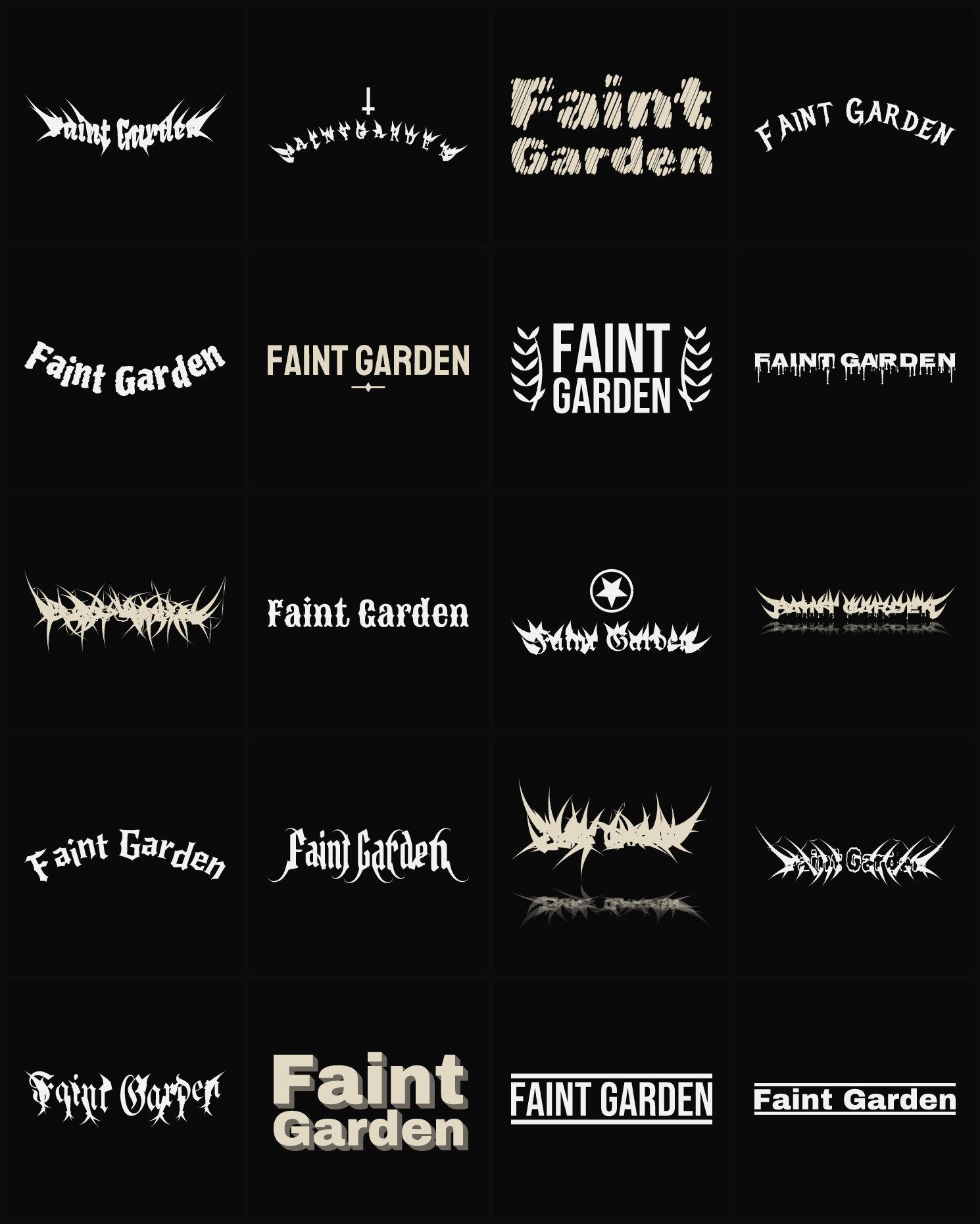 Twenty Faint Garden band logo ideas — different faces, treatments and spike settings