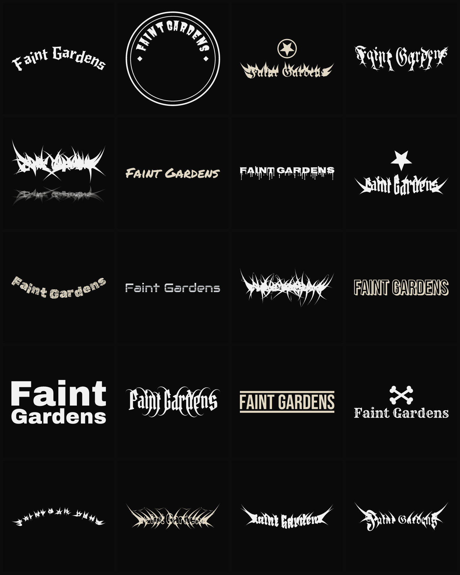 Twenty Faint Gardens band logo ideas — different faces, treatments and spike settings