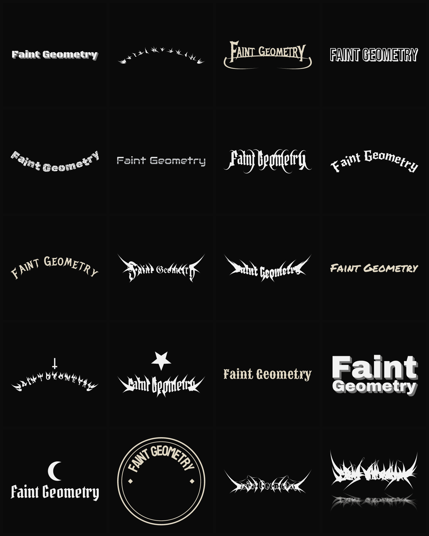 Twenty Faint Geometry band logo ideas — different faces, treatments and spike settings