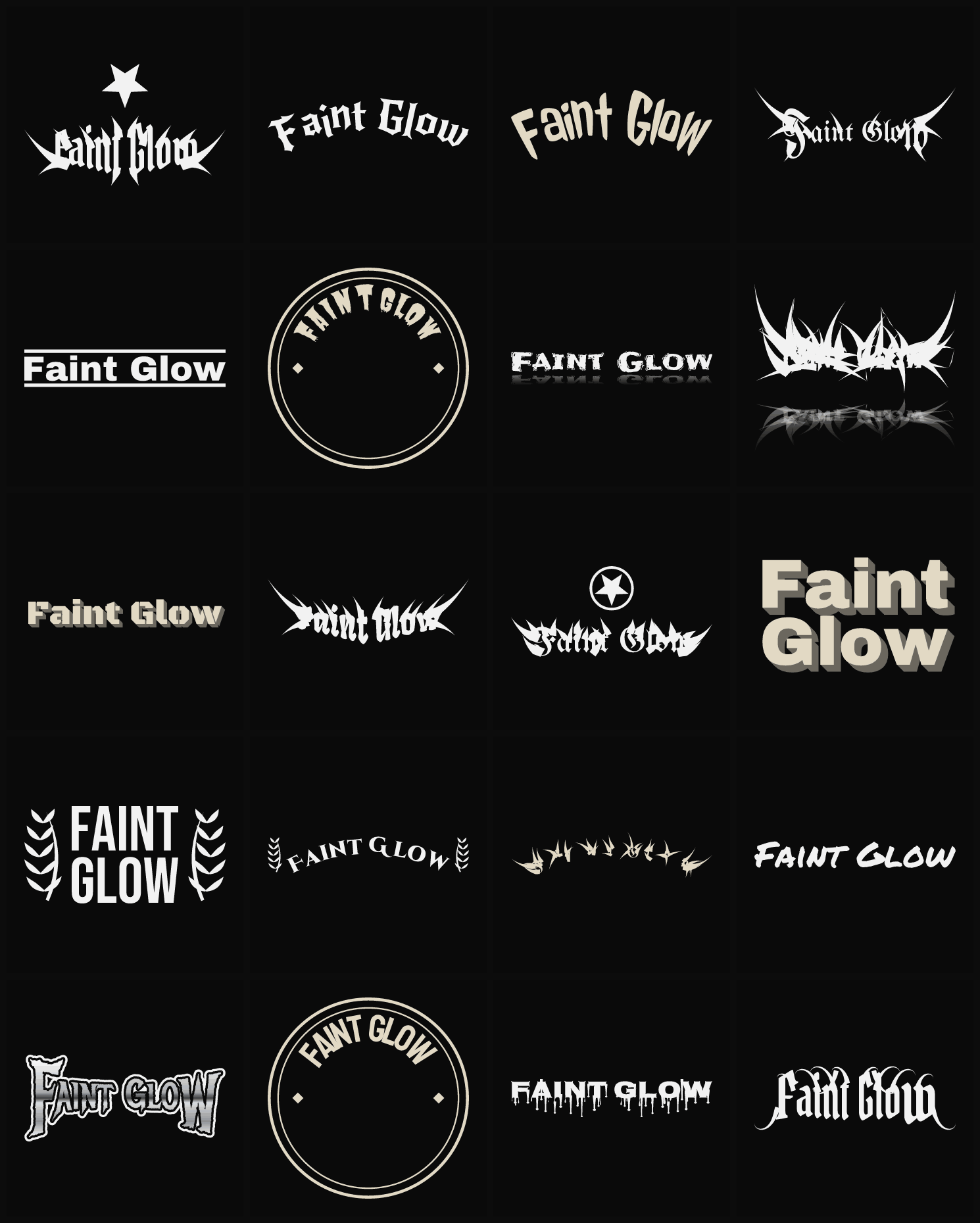 Twenty Faint Glow band logo ideas — different faces, treatments and spike settings