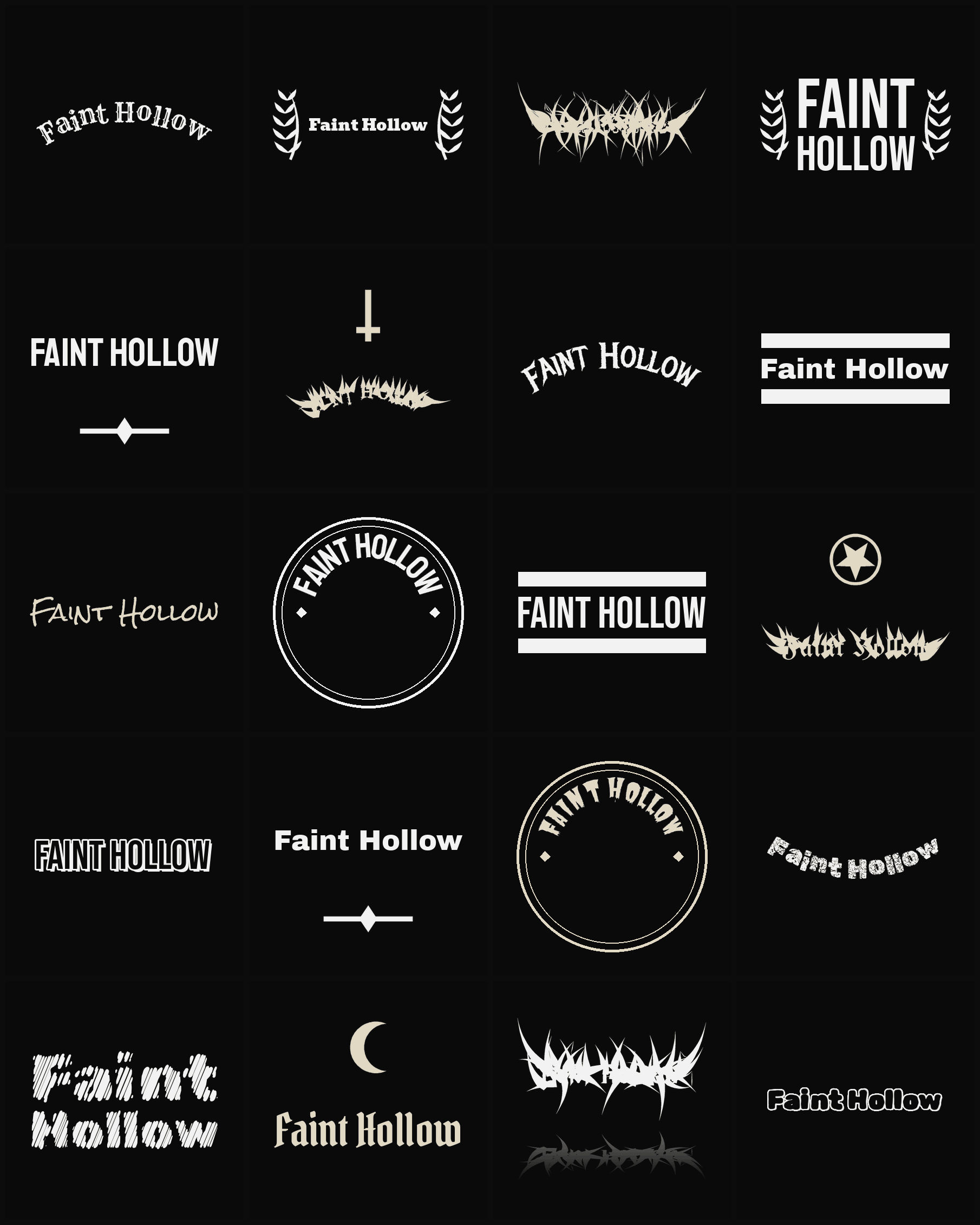 Twenty Faint Hollow band logo ideas — different faces, treatments and spike settings