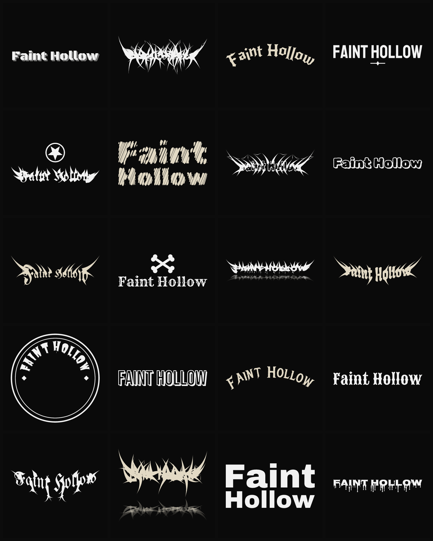 Twenty Faint Hollow band logo ideas — different faces, treatments and spike settings