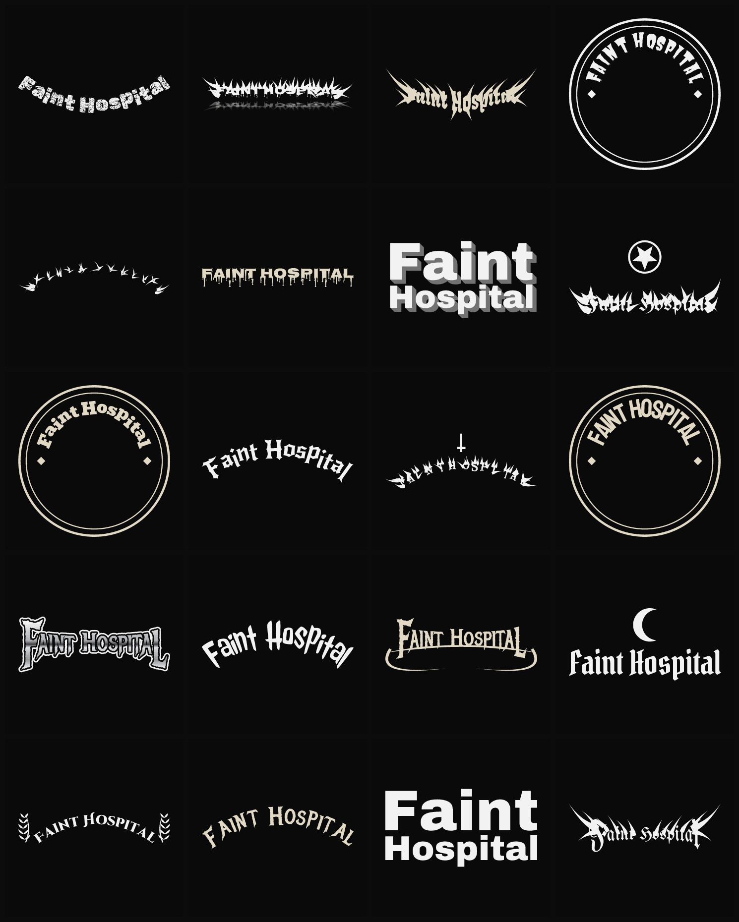Twenty Faint Hospital band logo ideas — different faces, treatments and spike settings
