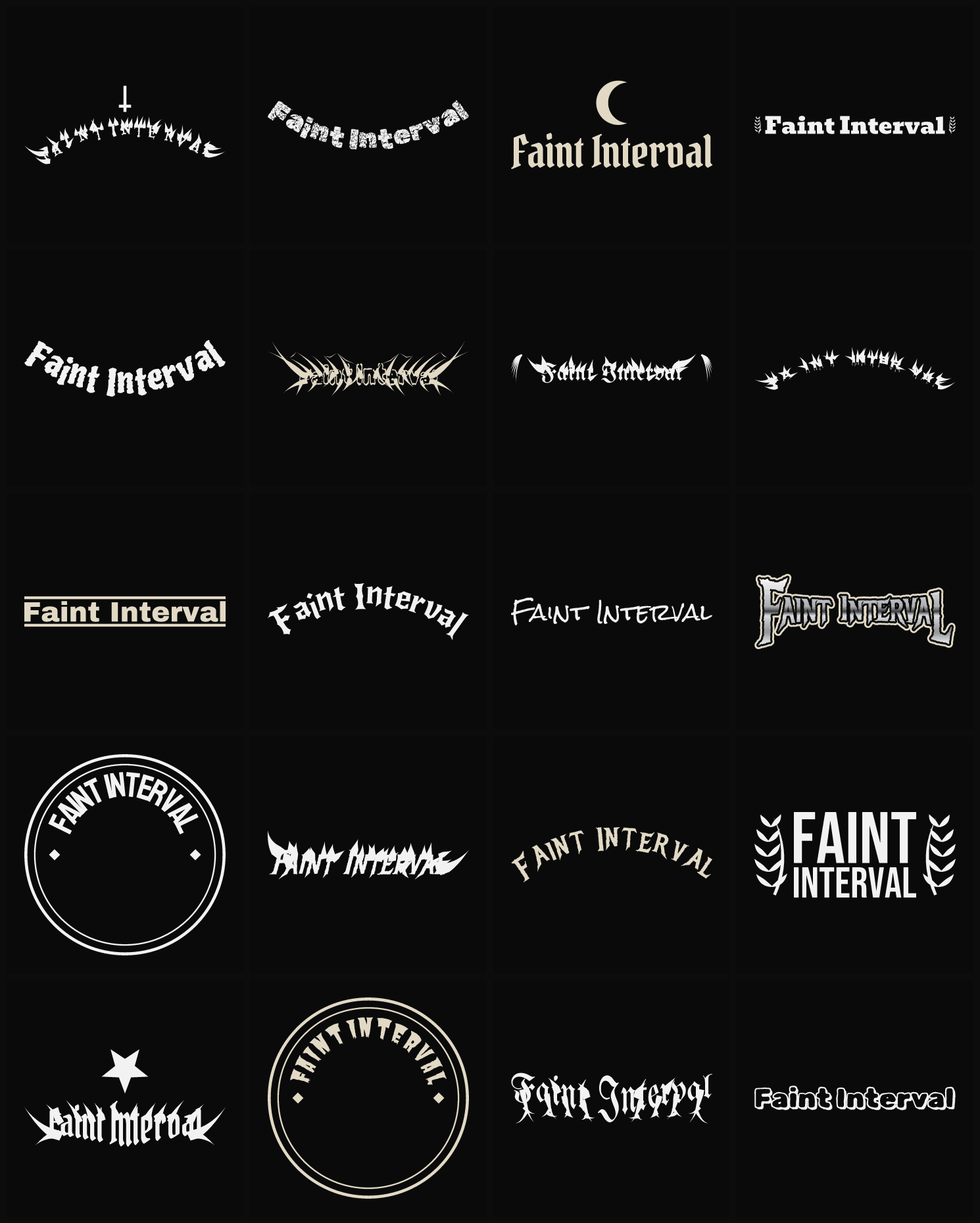 Twenty Faint Interval band logo ideas — different faces, treatments and spike settings