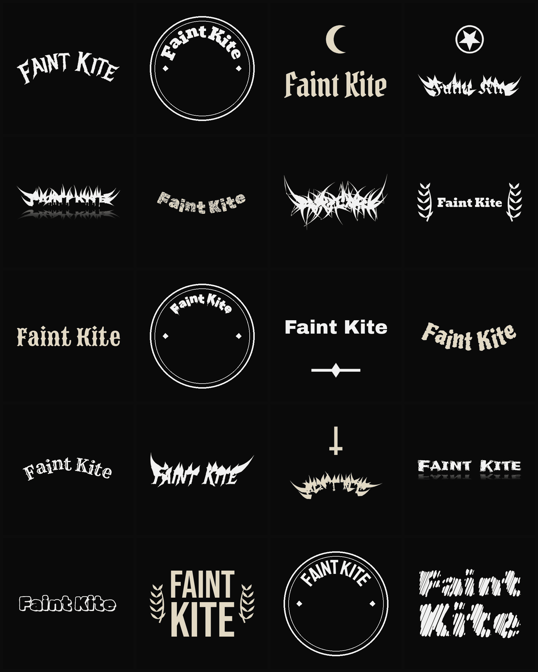 Twenty Faint Kite band logo ideas — different faces, treatments and spike settings