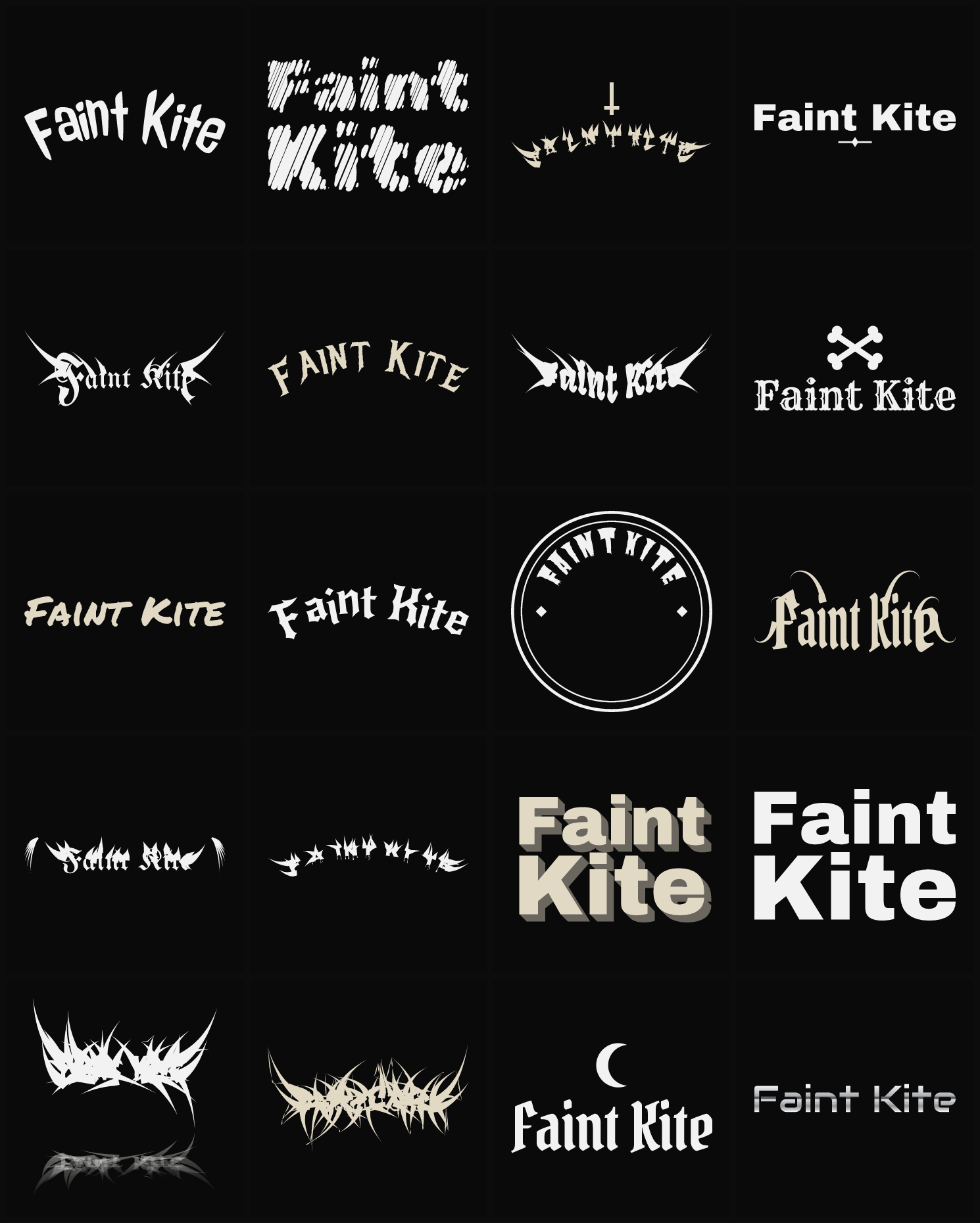 Twenty Faint Kite band logo ideas — different faces, treatments and spike settings