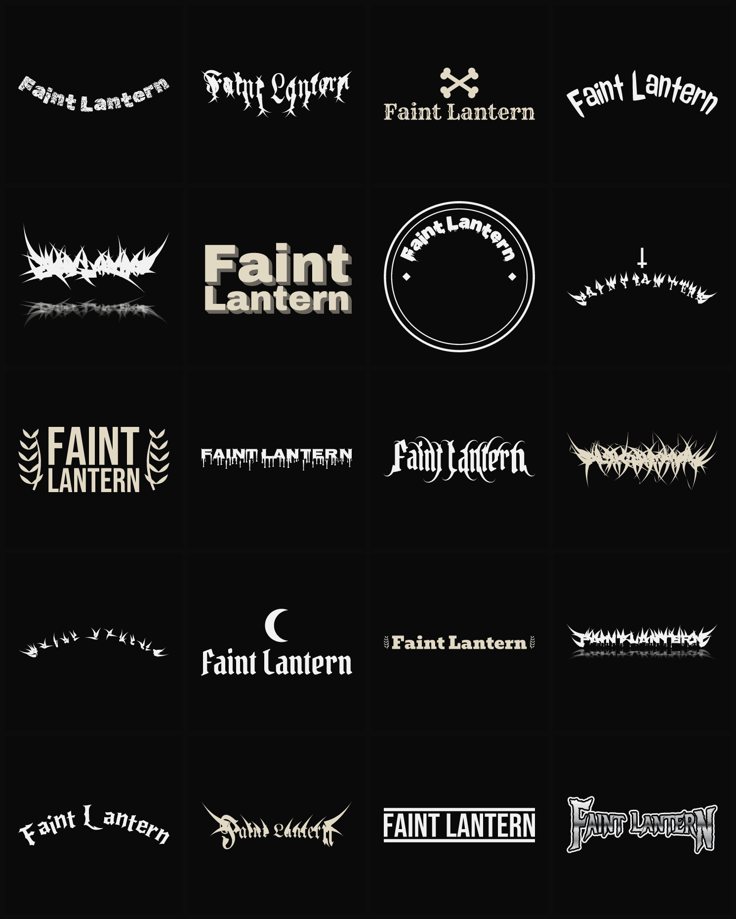Twenty Faint Lantern band logo ideas — different faces, treatments and spike settings