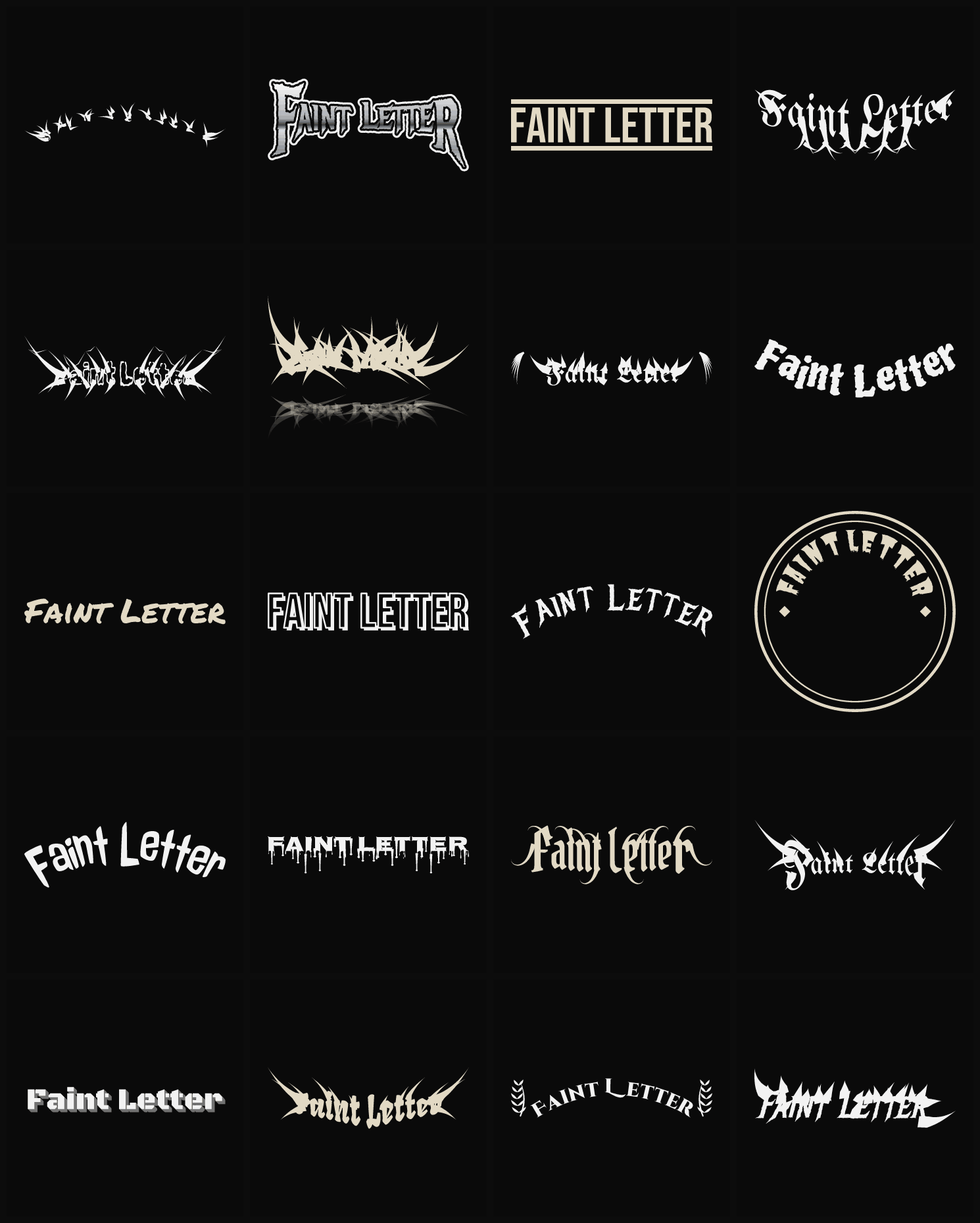 Twenty Faint Letter band logo ideas — different faces, treatments and spike settings