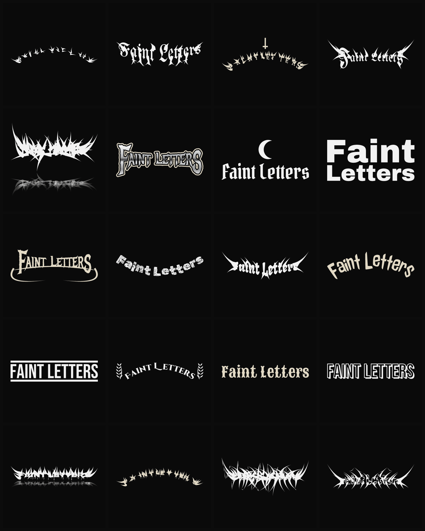 Twenty Faint Letters band logo ideas — different faces, treatments and spike settings