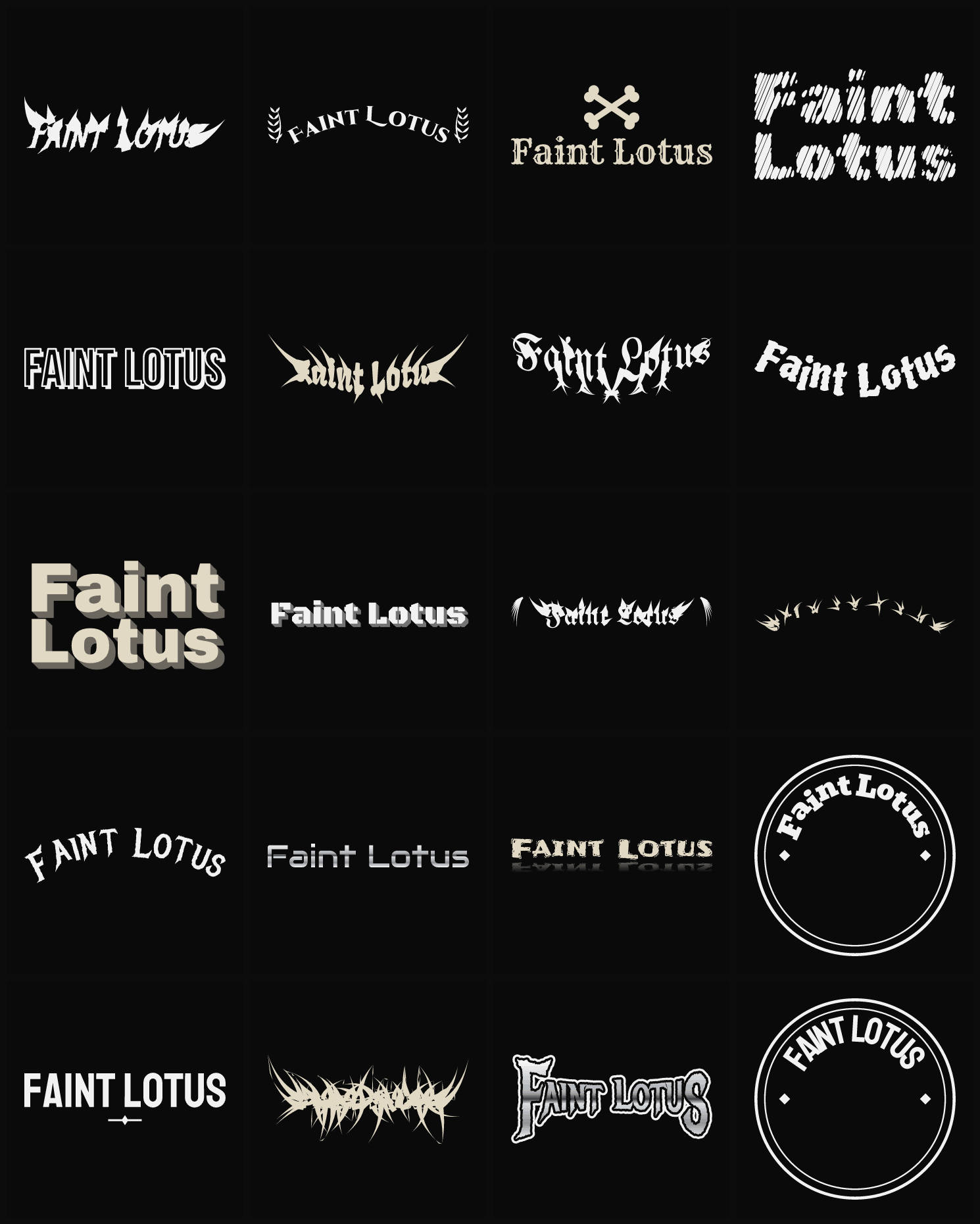 Twenty Faint Lotus band logo ideas — different faces, treatments and spike settings