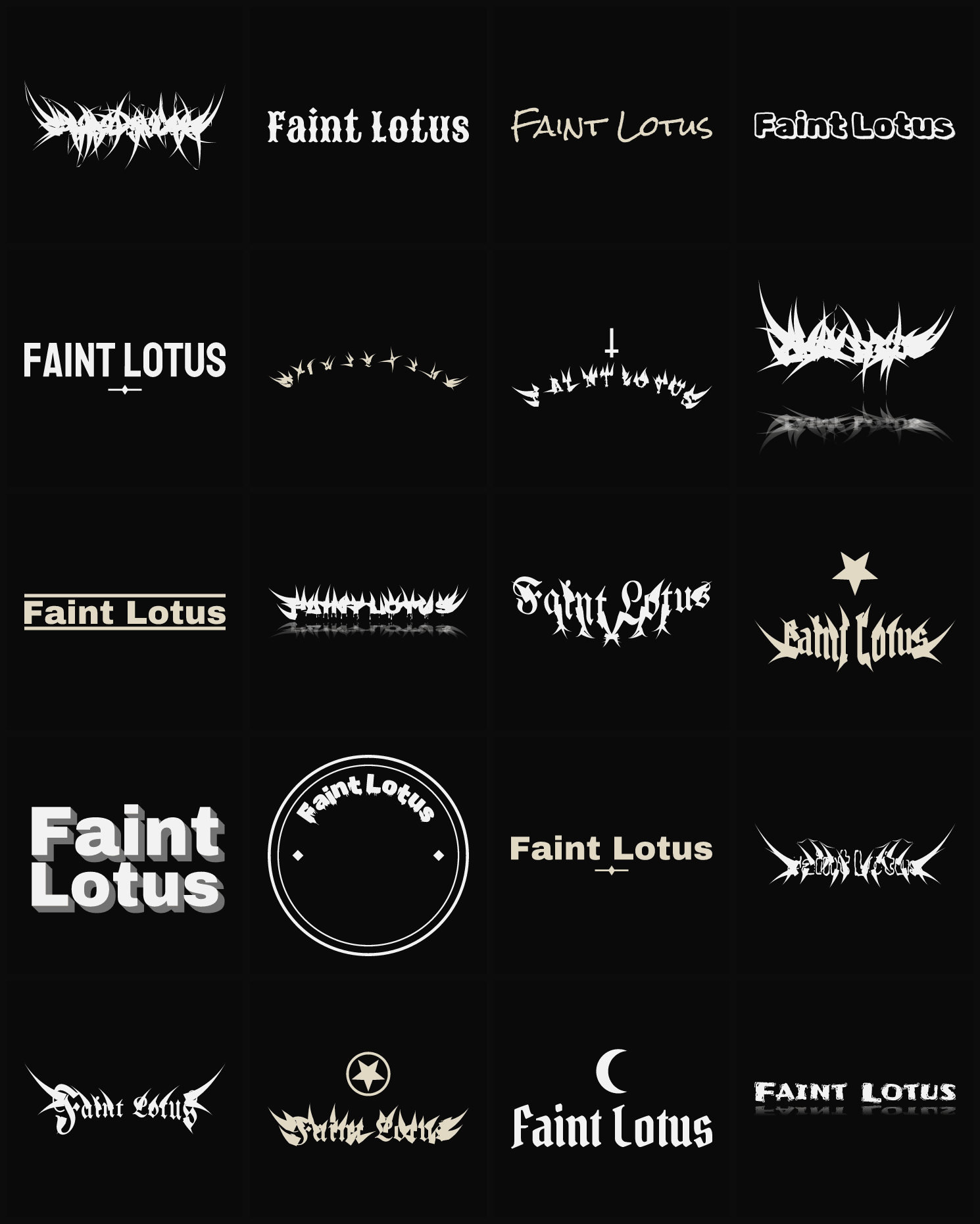 Twenty Faint Lotus band logo ideas — different faces, treatments and spike settings