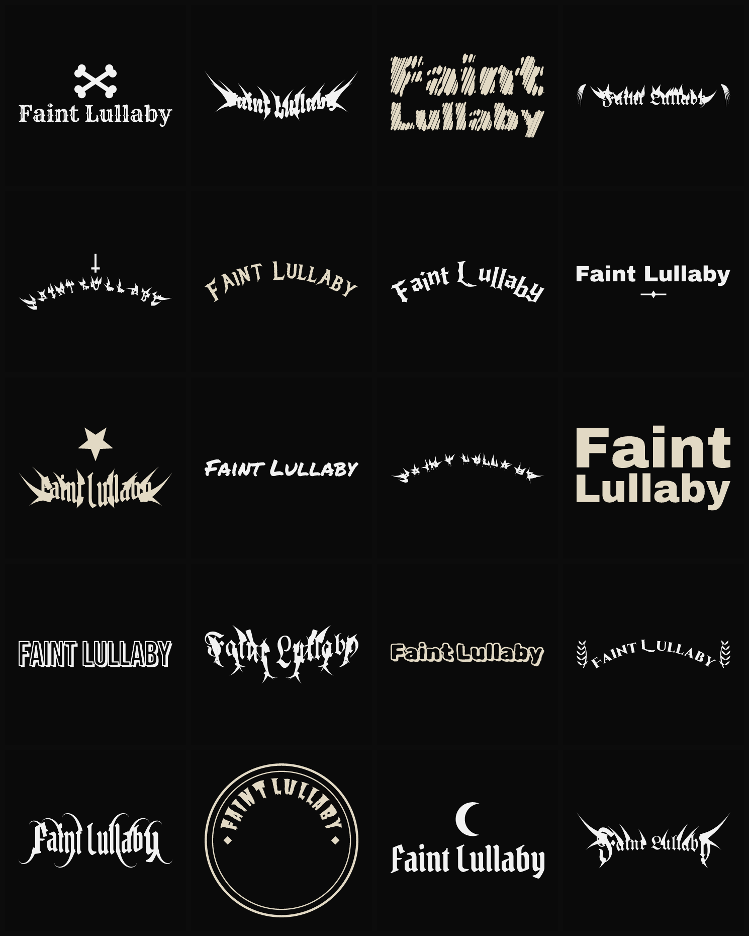 Twenty Faint Lullaby band logo ideas — different faces, treatments and spike settings