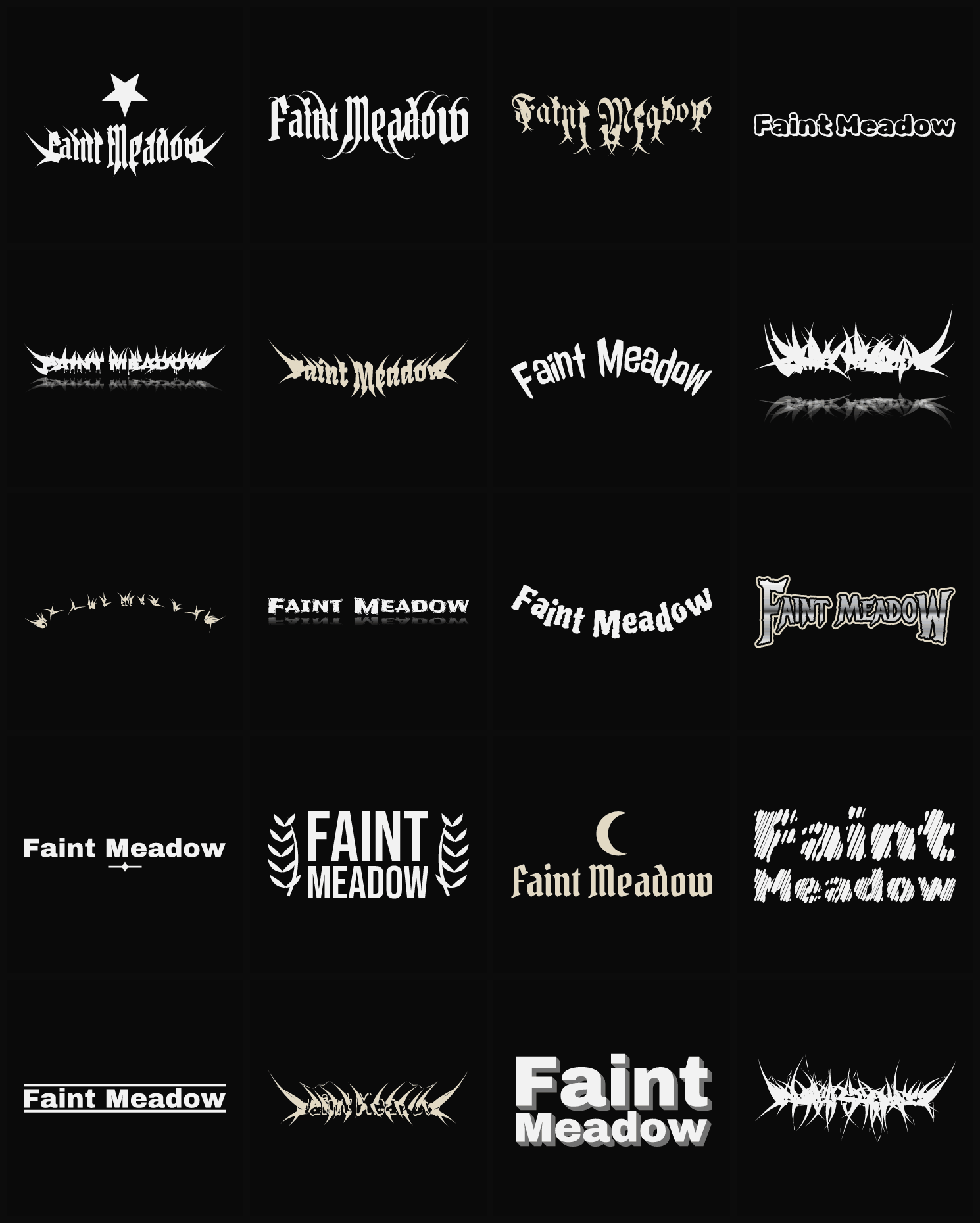Twenty Faint Meadow band logo ideas — different faces, treatments and spike settings