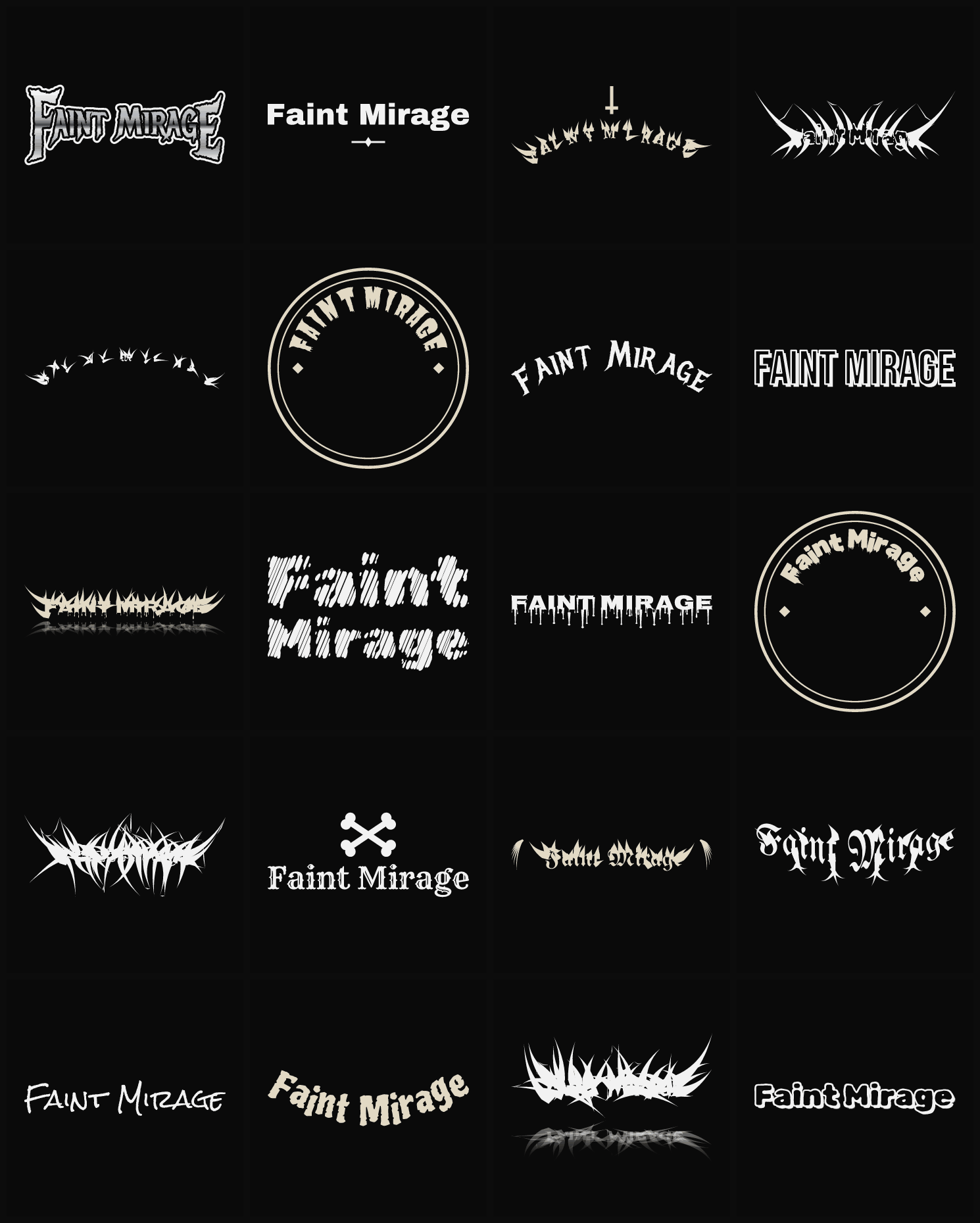 Twenty Faint Mirage band logo ideas — different faces, treatments and spike settings