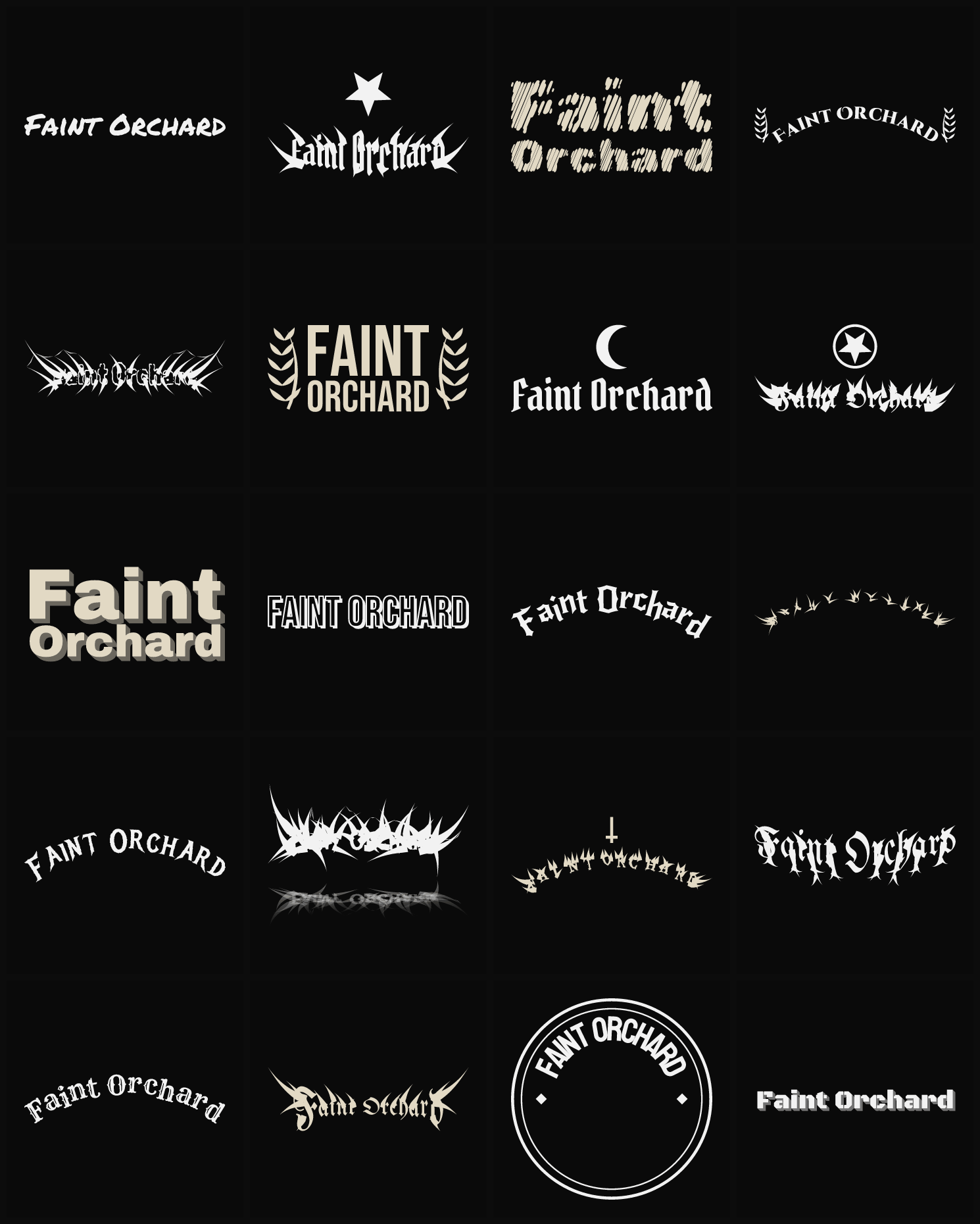 Twenty Faint Orchard band logo ideas — different faces, treatments and spike settings