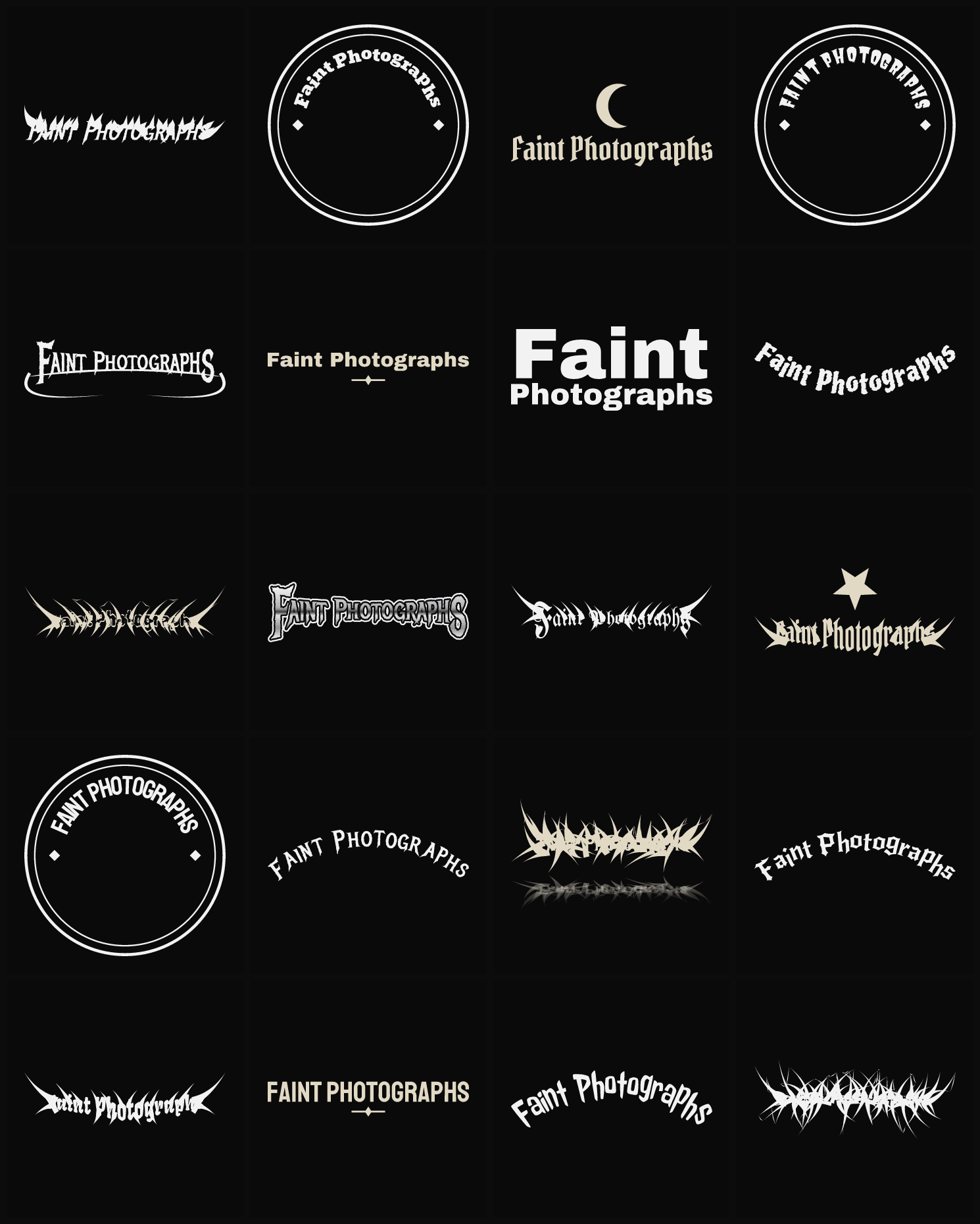 Twenty Faint Photographs band logo ideas — different faces, treatments and spike settings